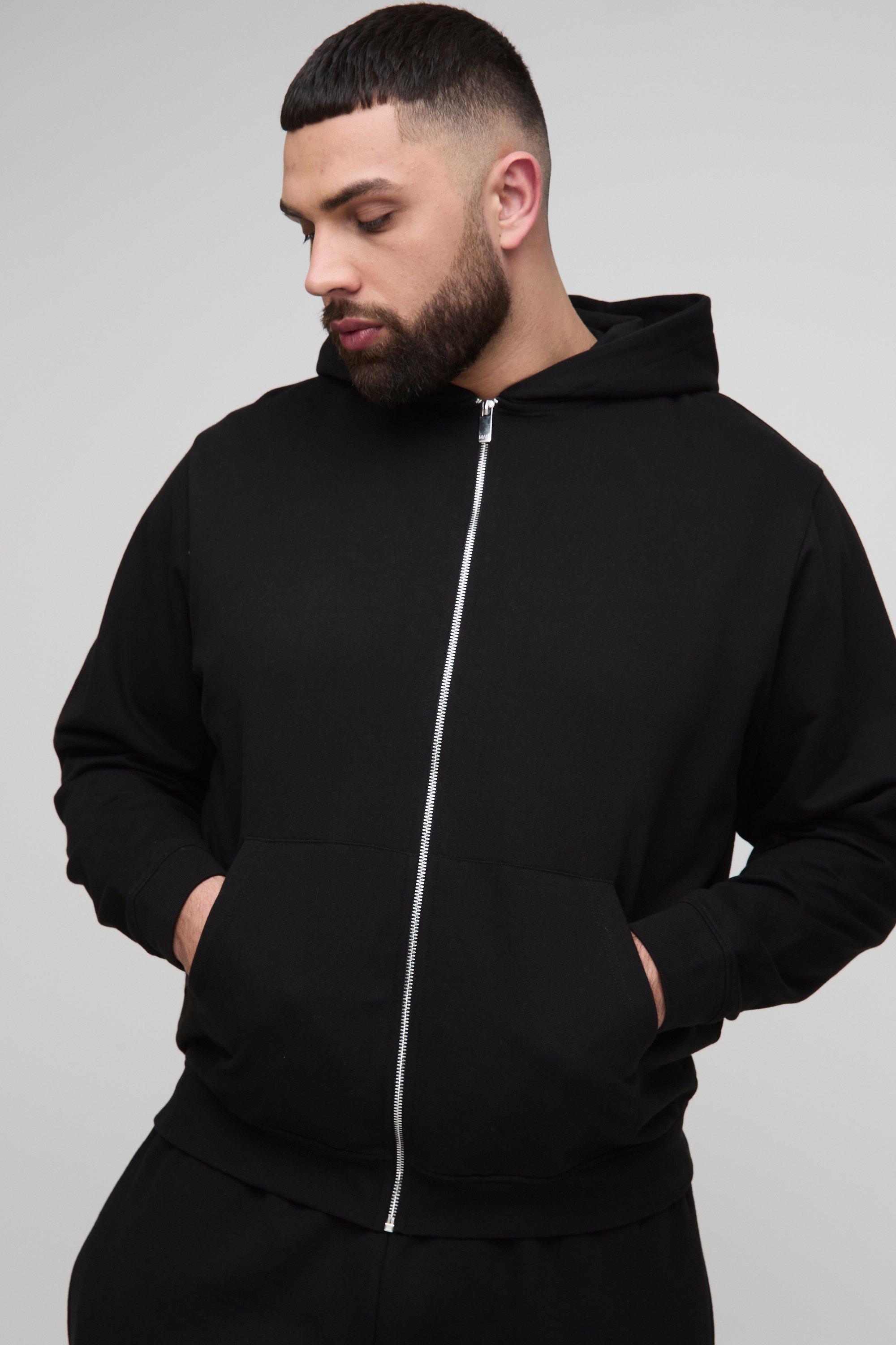 Mens Black Plus 260GSM Loopback Regular Fit Basic Zip Through Hoodie, Black