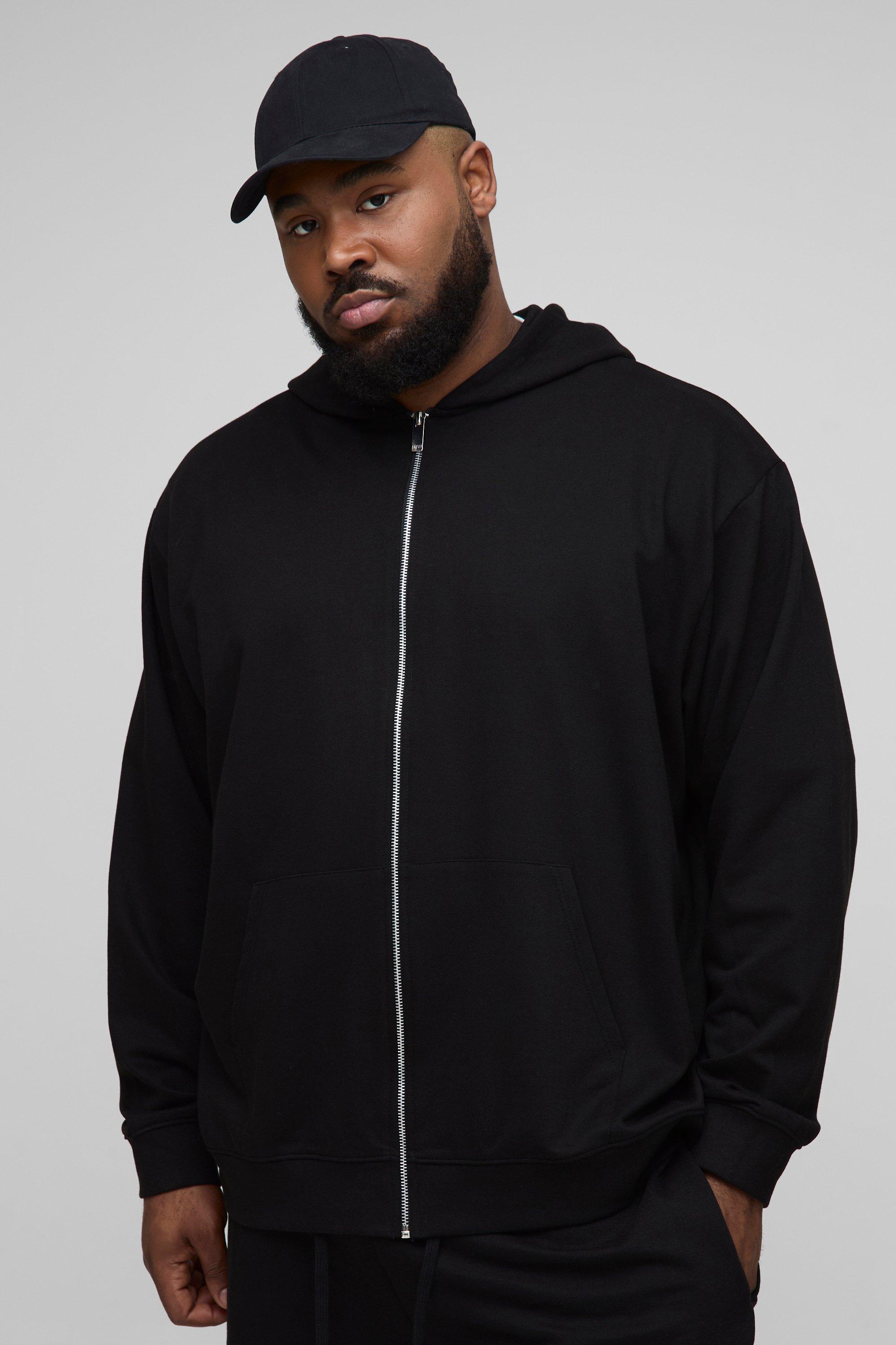 Mens Black Plus Lightweight Loopback Oversized Fit Basic Zip Through Hoodie, Black