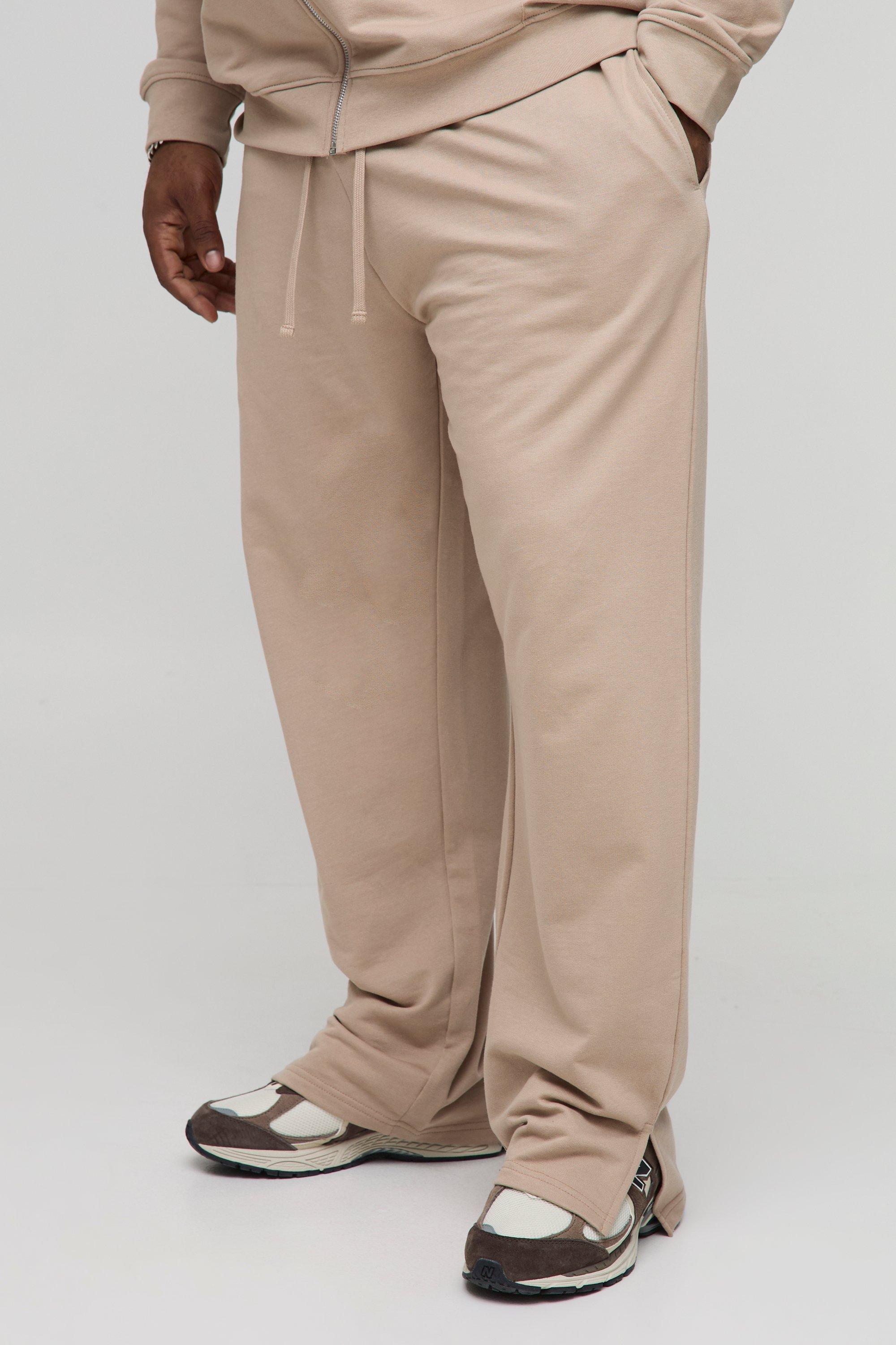 Mens Beige Plus 260GSM Loopback Regular Fit Split Hem Basic Joggers, Beige