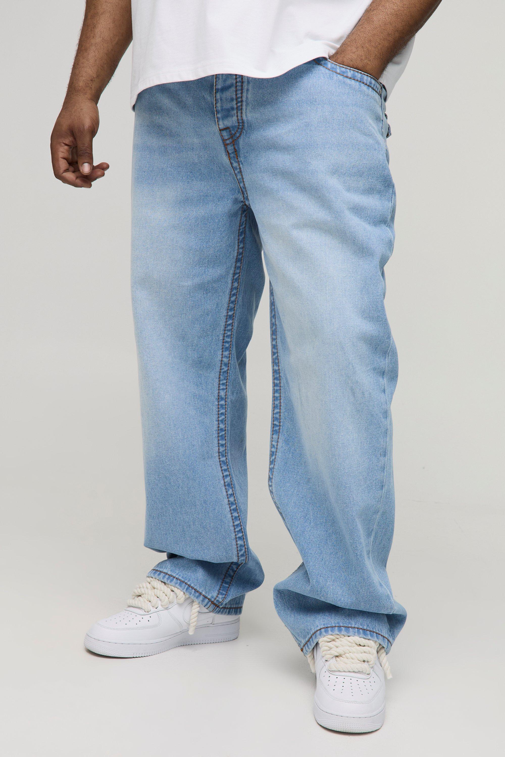 Mens Grey Plus Chunky Contrast Stitch Straight Leg Jeans, Grey