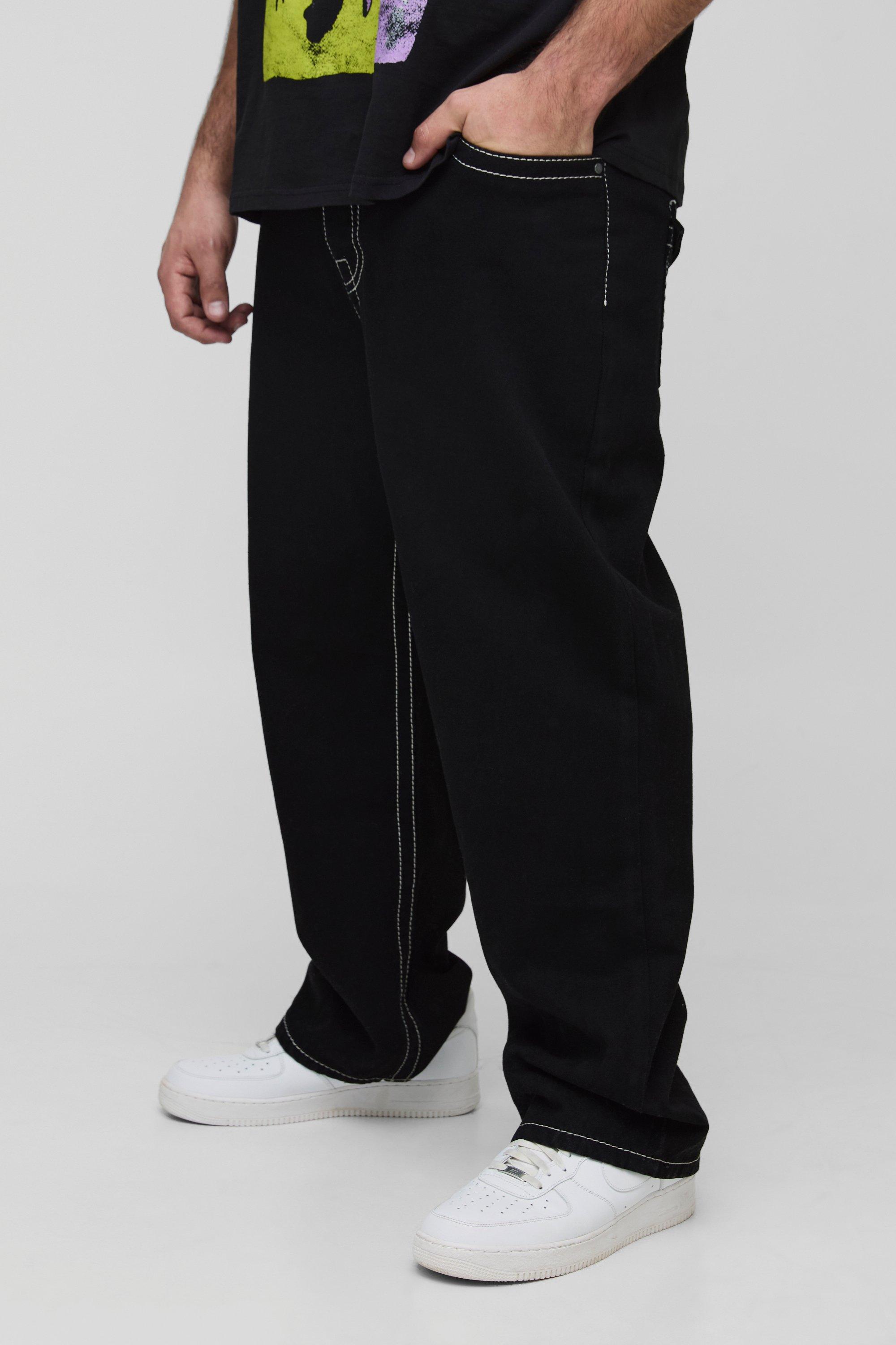 Mens Black Plus Chunky Contrast Stitch Straight Leg Jeans, Black