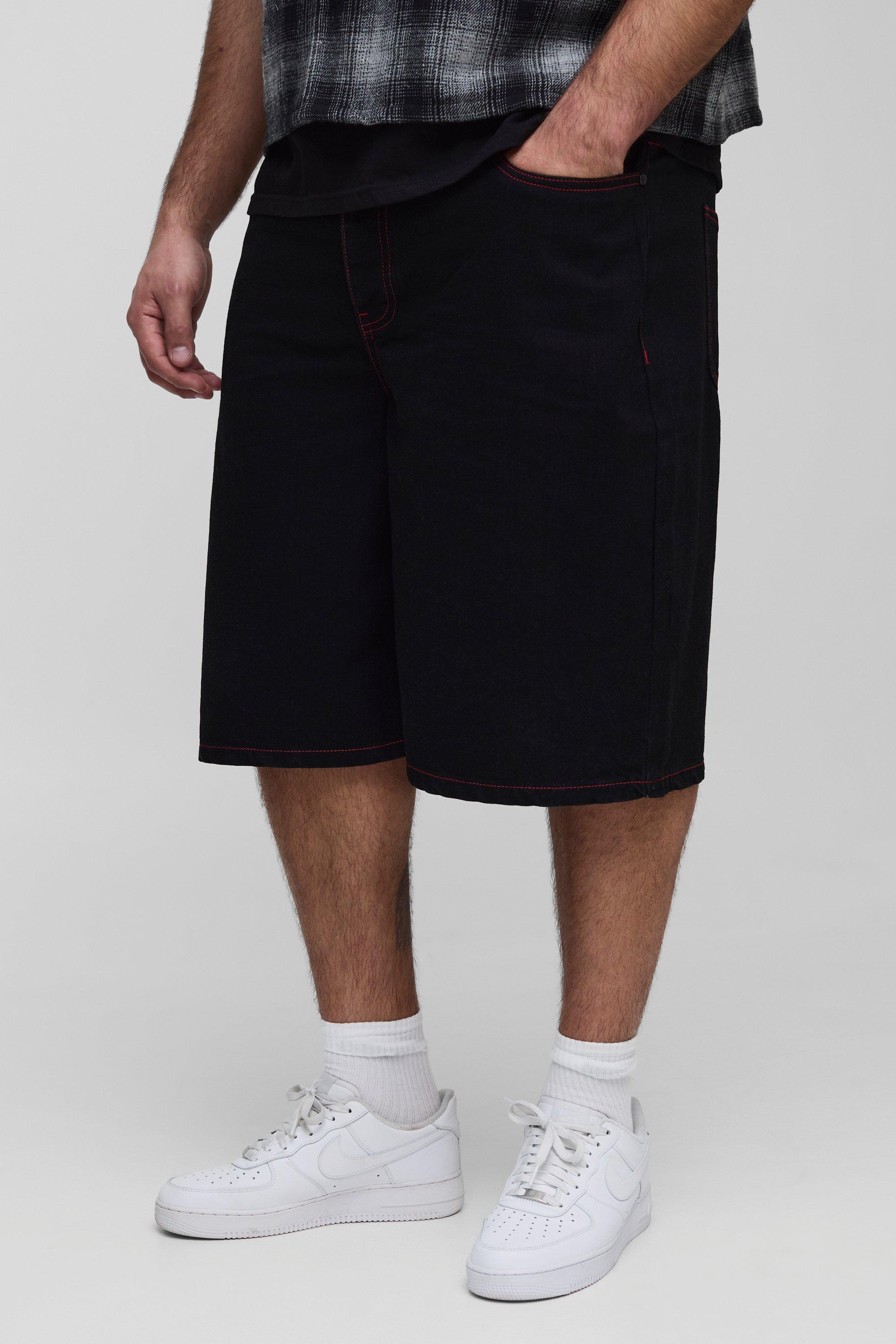 Mens Black Plus Contrast Stitch Relaxed Fit Jorts, Black