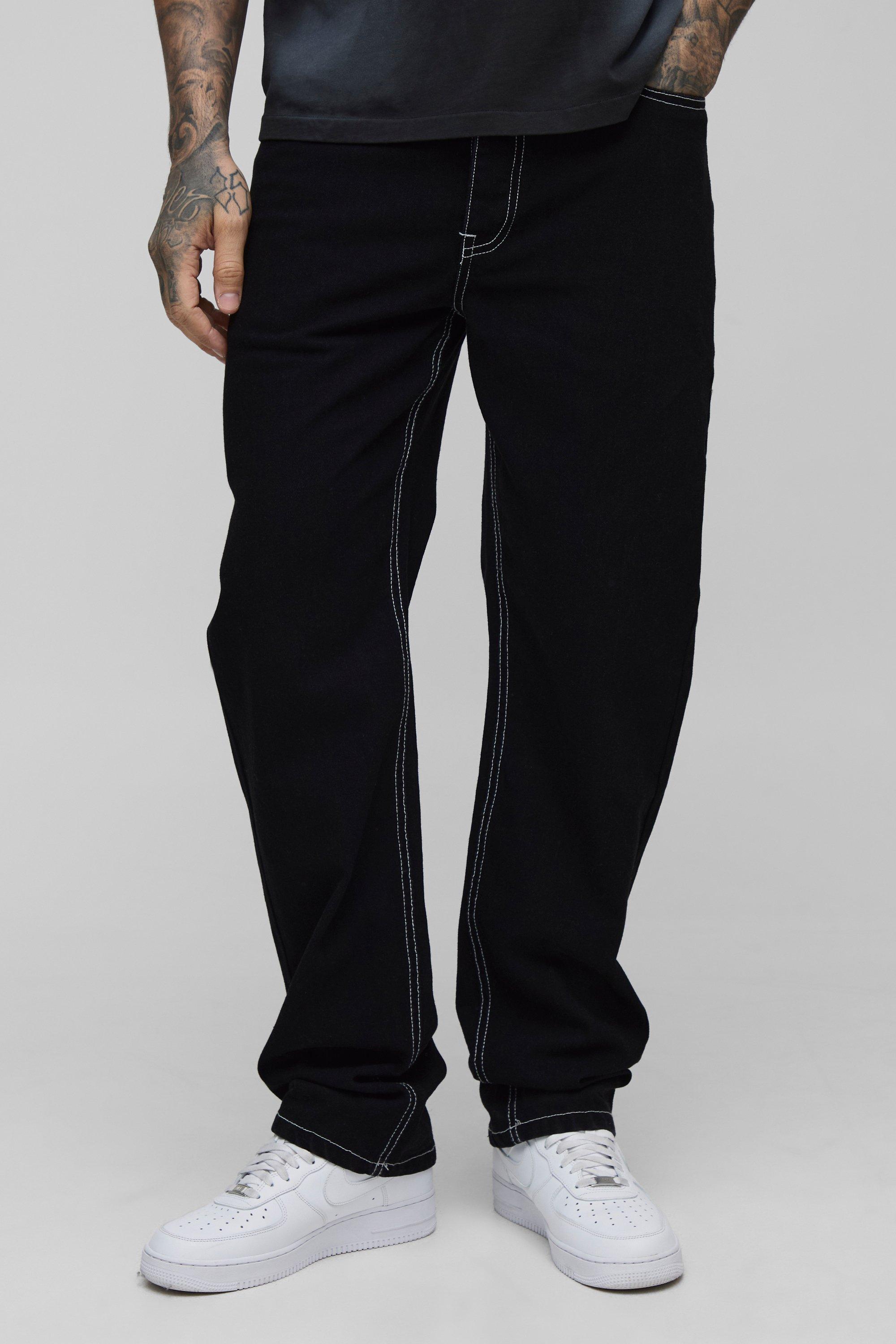 Mens Black Tall Straight Rigid Contrast Stitch Jeans, Black