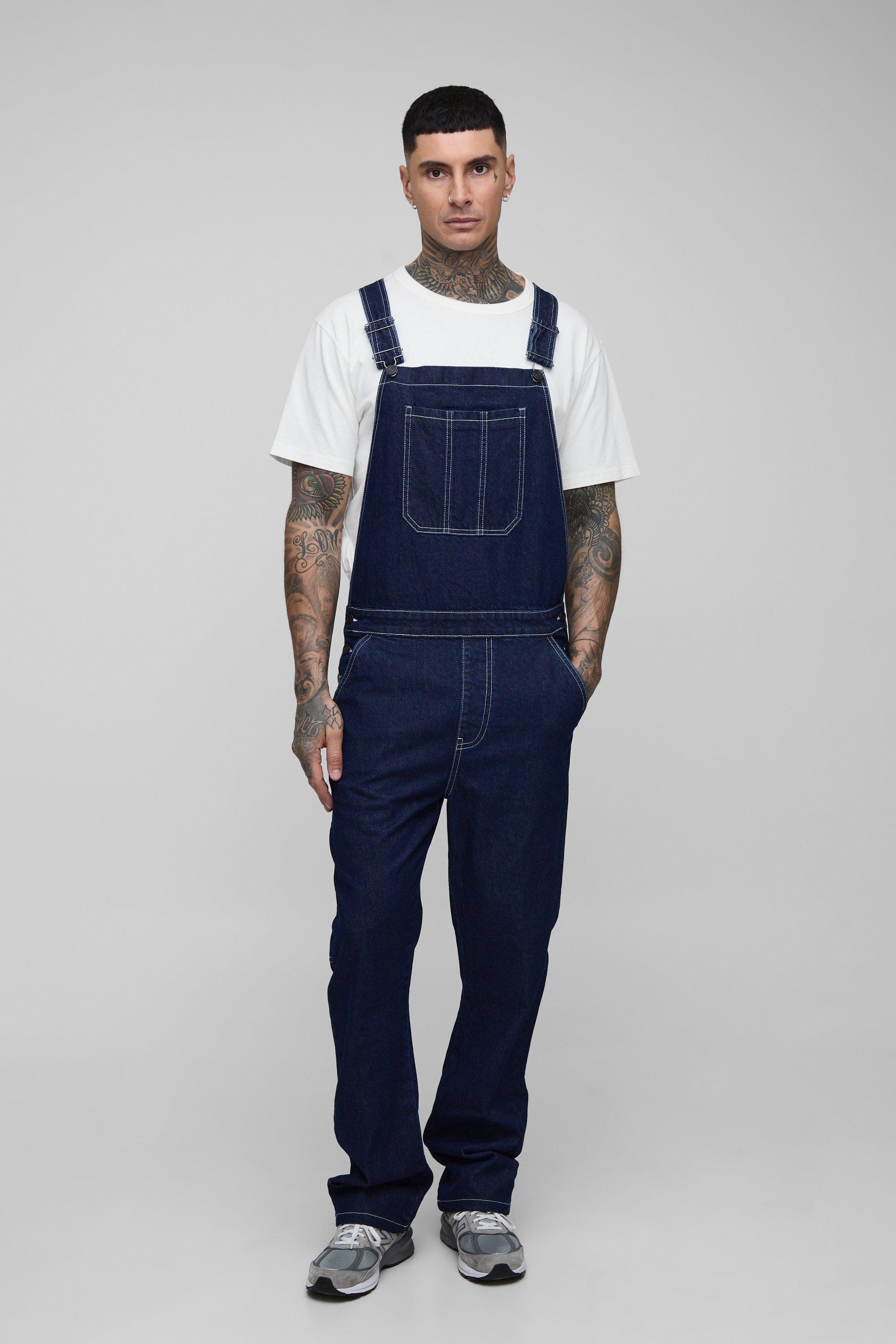 Mens Blue Tall Straight Leg Contrast Stitch Dungaree, Blue