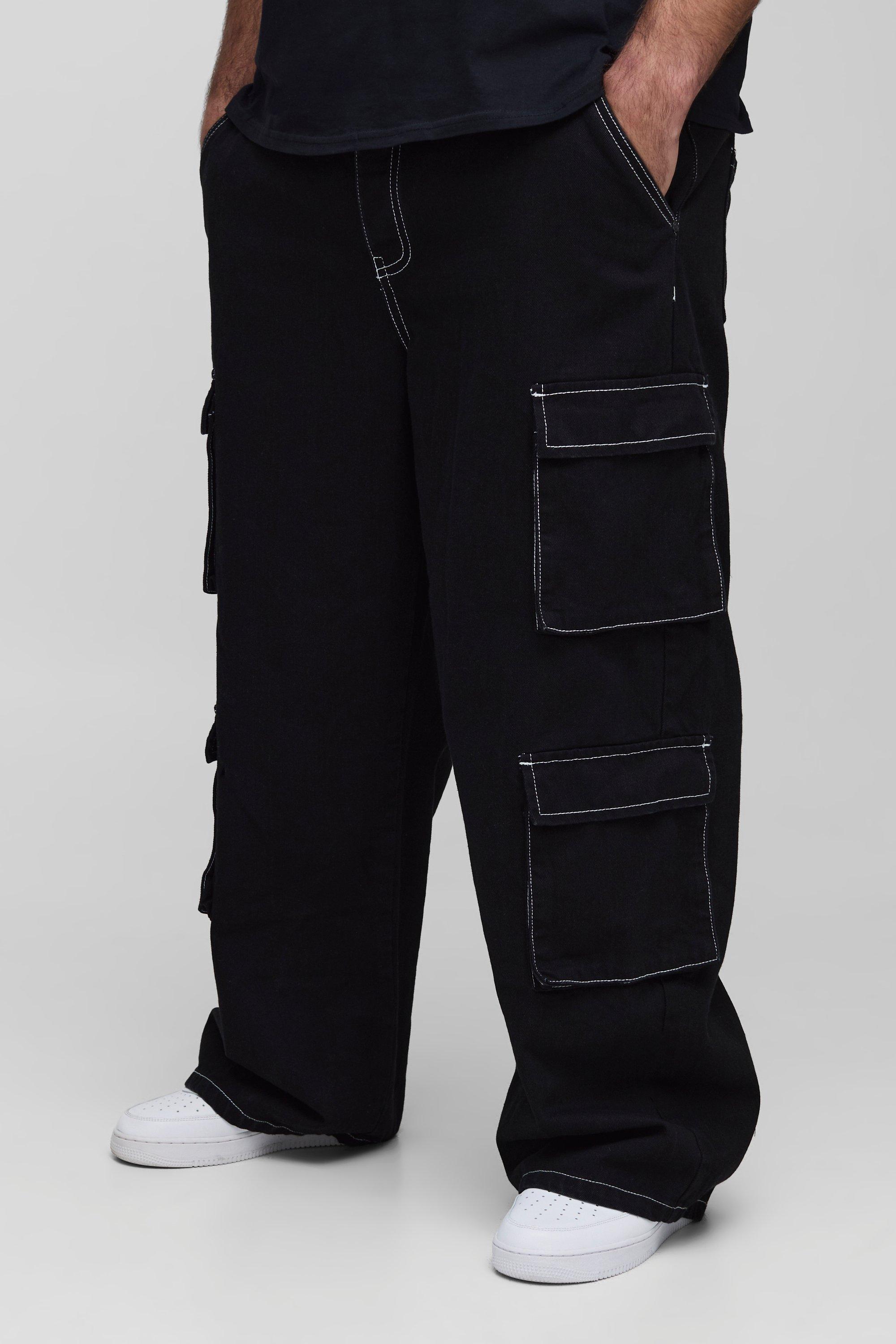 Boohoo Plus Onbewerkte Baggy Cargo Jeans Met Contrasterende Stiksels, True Black