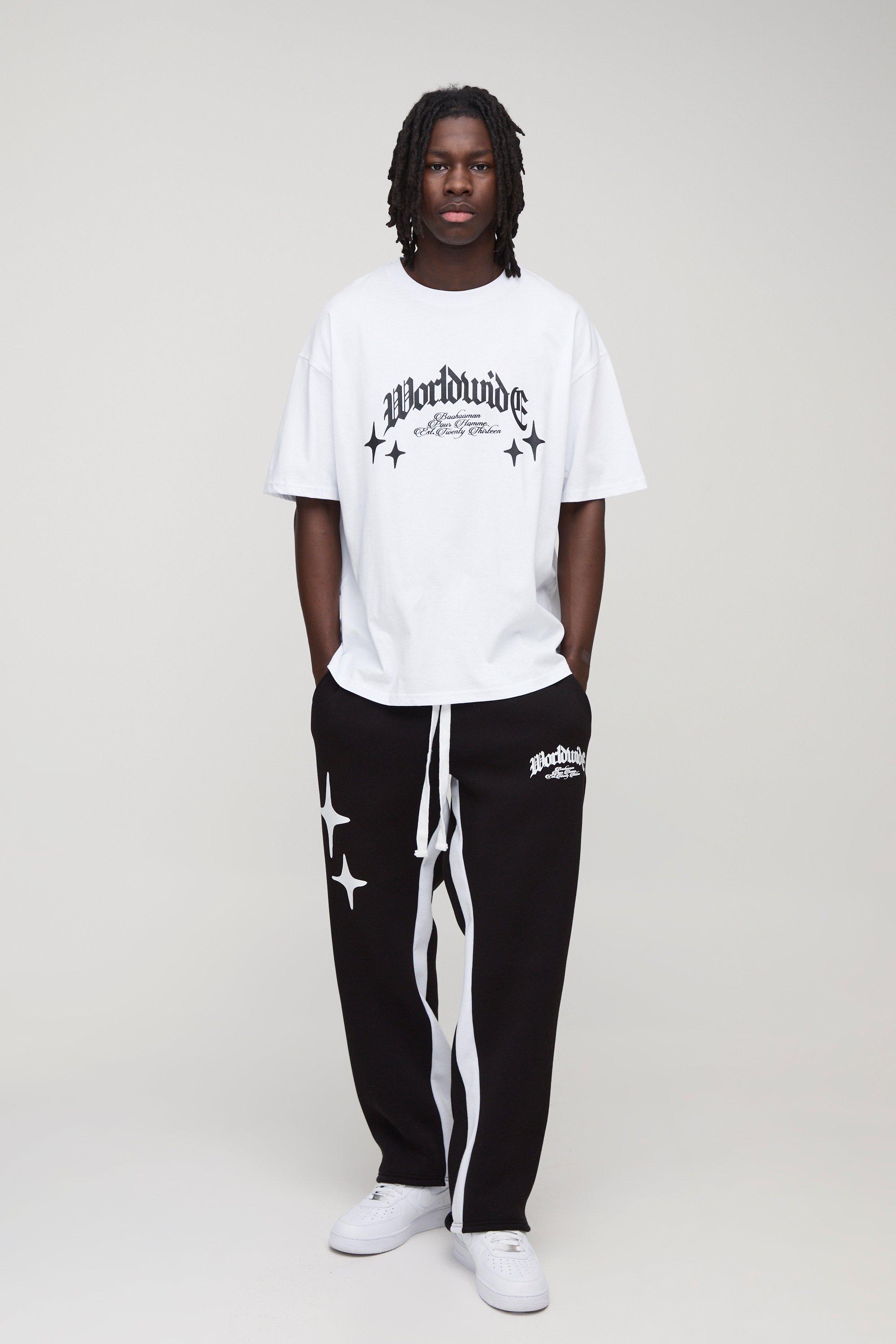 Mens Black Oversized Worldwide T-Shirt & Gusset Jogger Set, Black