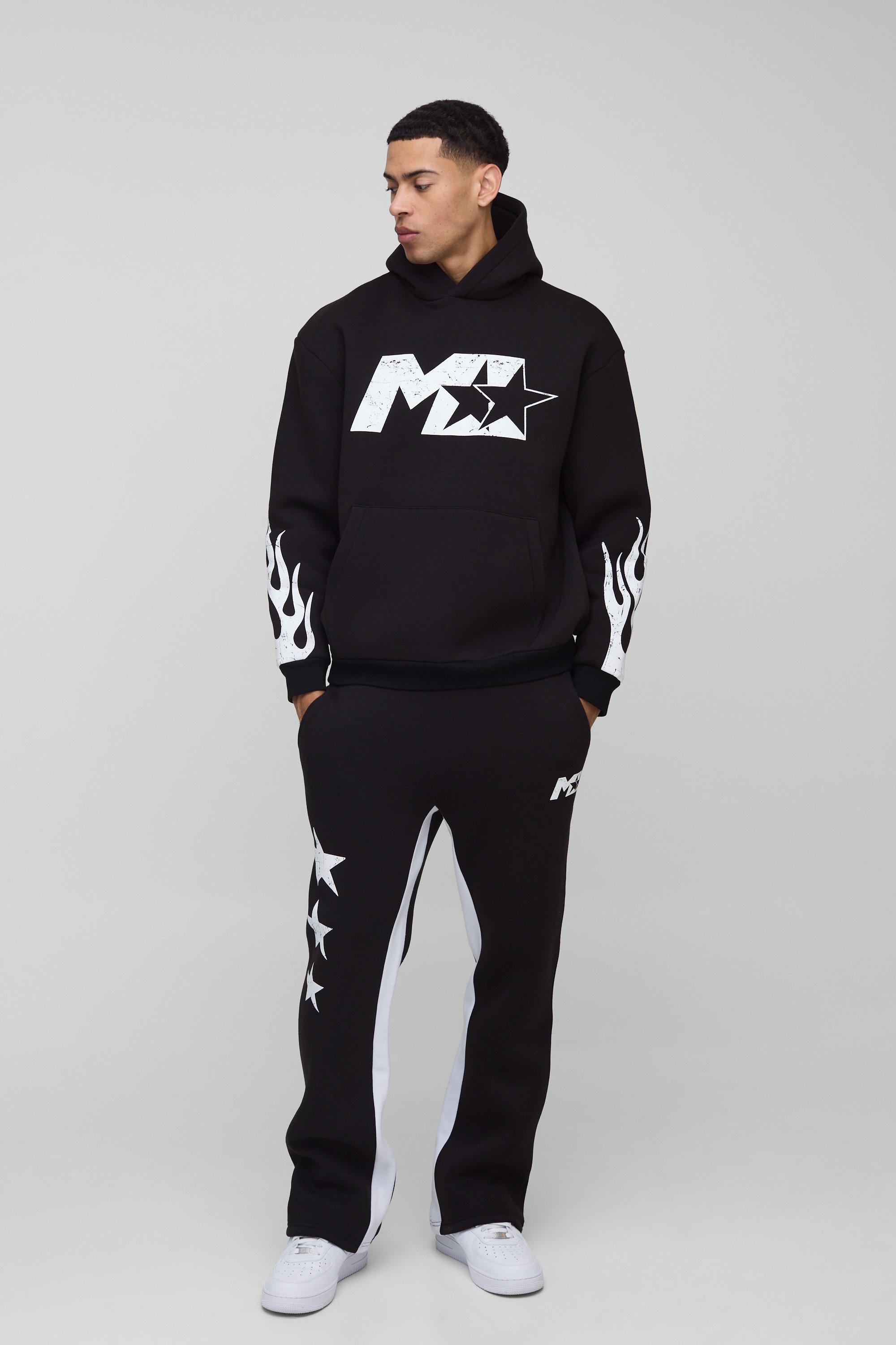 Mens Black Oversized M Star Gusset Hooded Tracksuit, Black