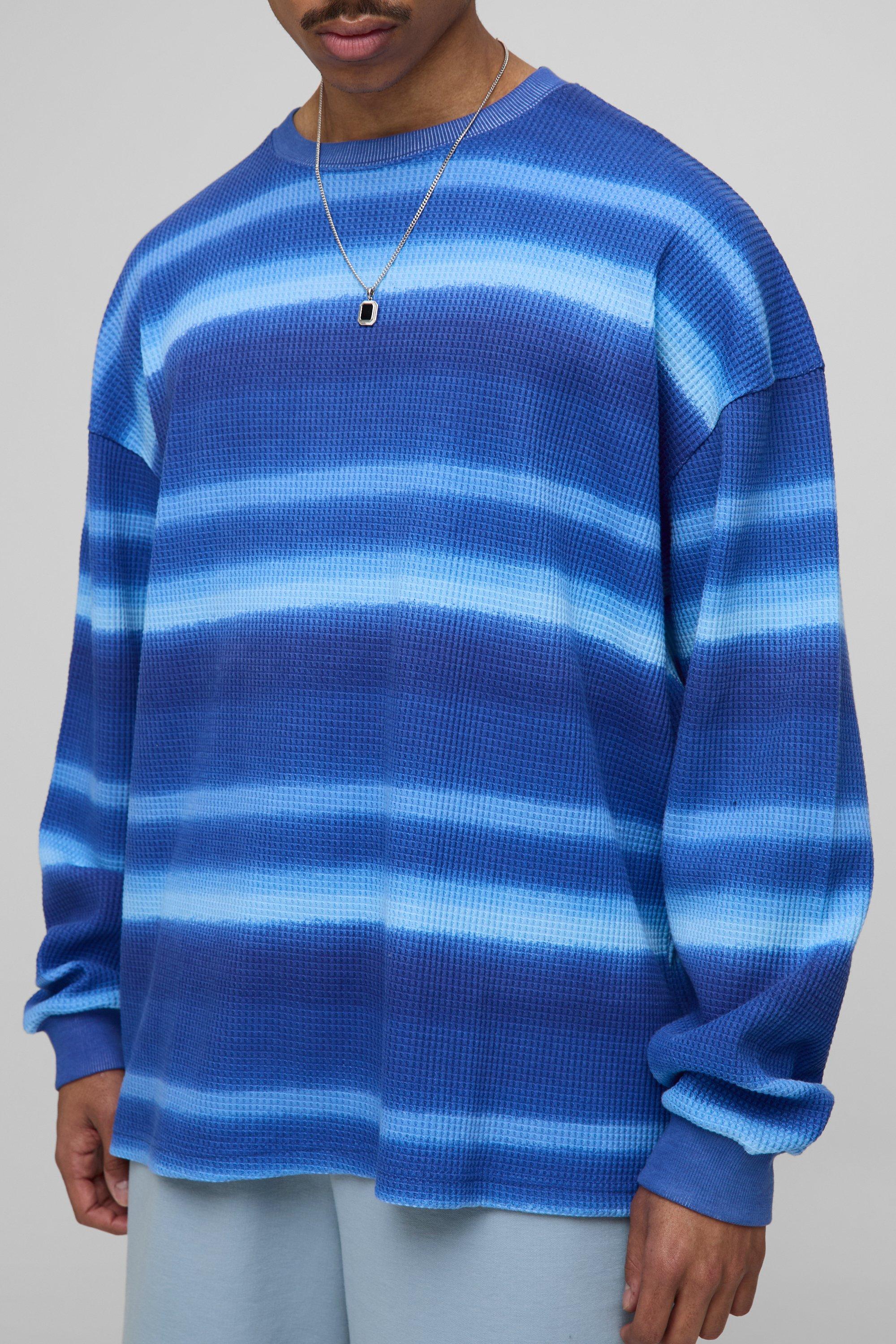 Mens Blue Oversized Striped AOP Waffle Long Sleeve T-Shirt, Blue