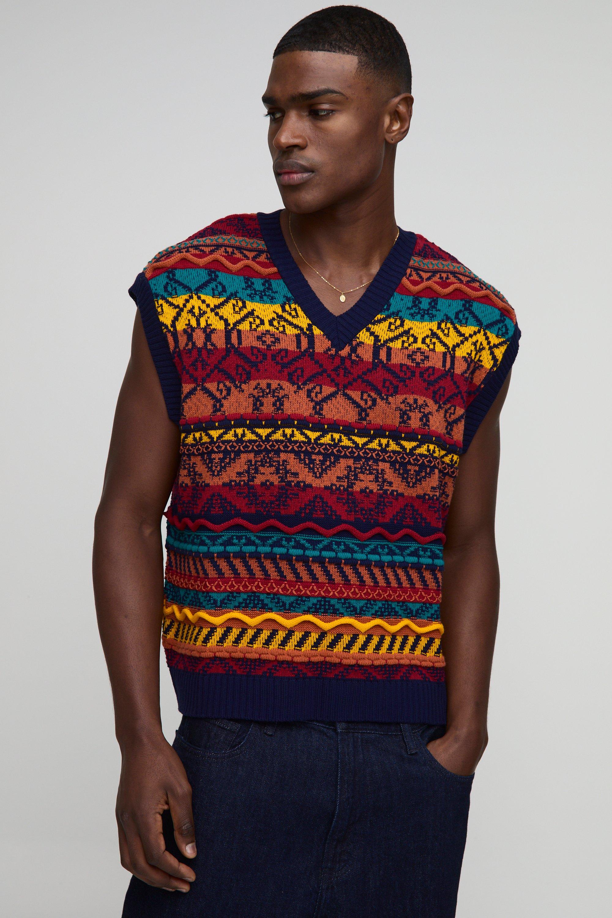 Mens Multi Oversized Abstract Textured Knit vest, Multi