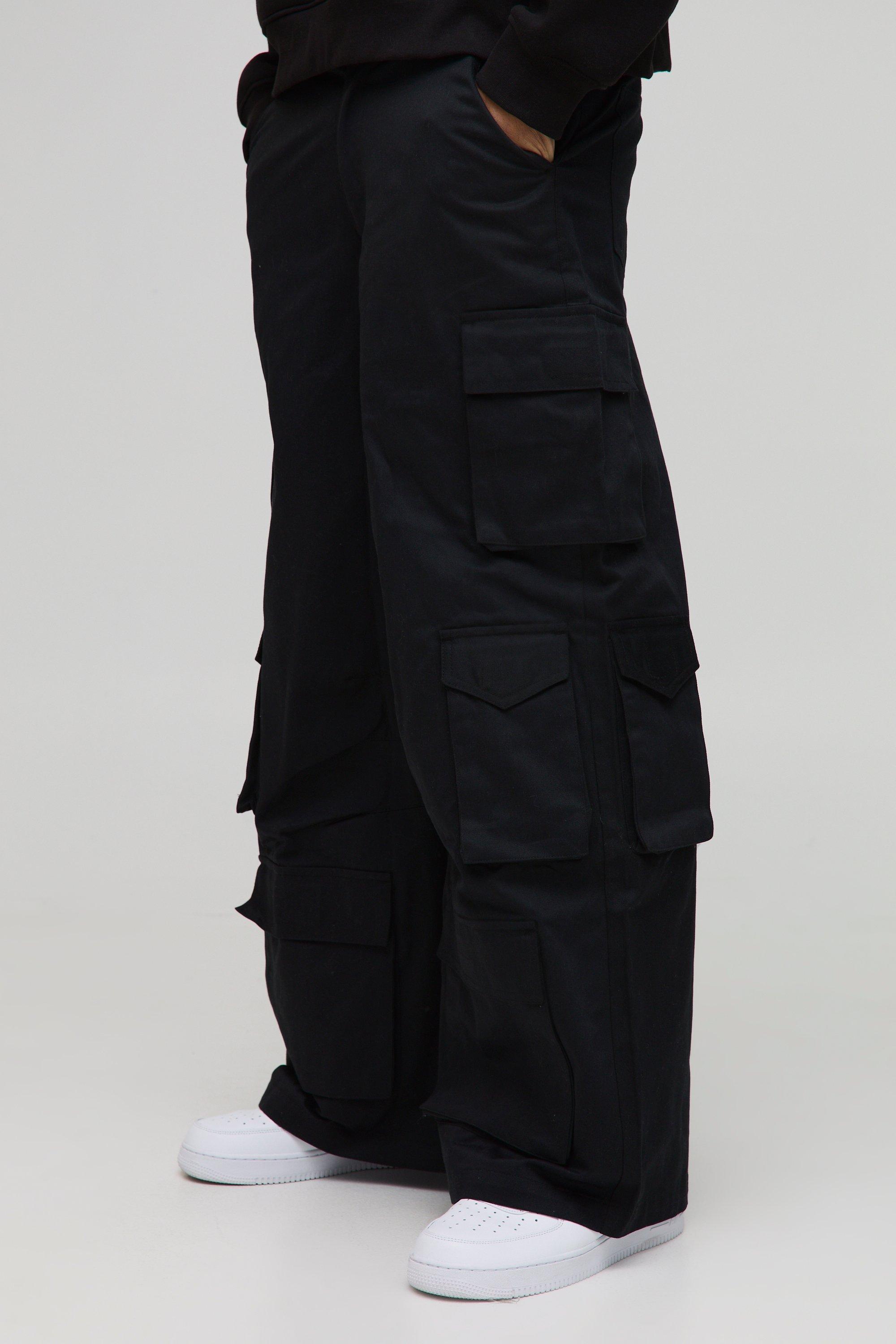 Mens Black Extreme Baggy Rigid Multi Cargo Pocket Trousers, Black