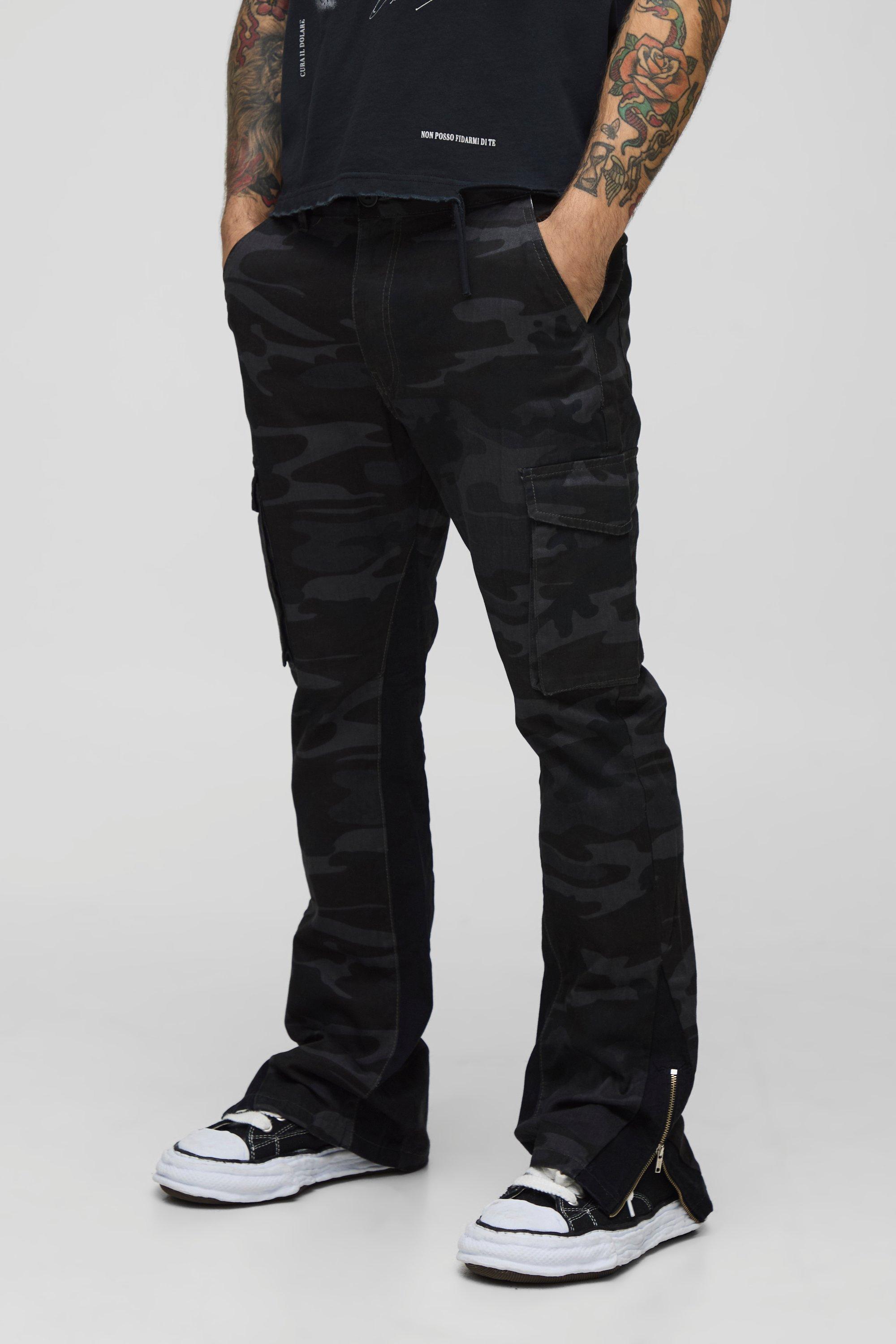 Boohoo Flared Slim Fit Camo Cargo Broek Met Gusset Detail, Camo