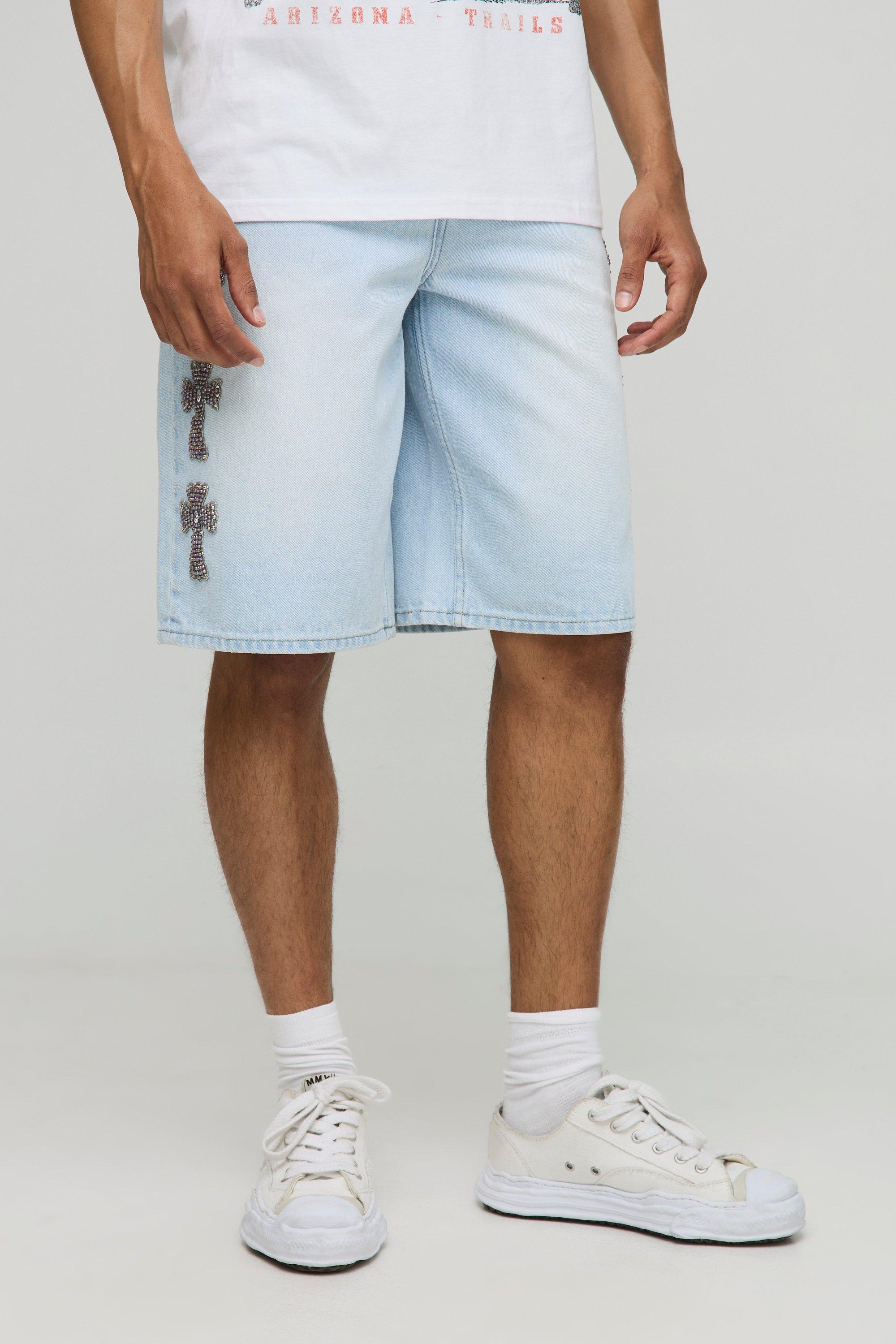Mens Regular Fit Cross Embellished Blue Washed Jorts, Blue