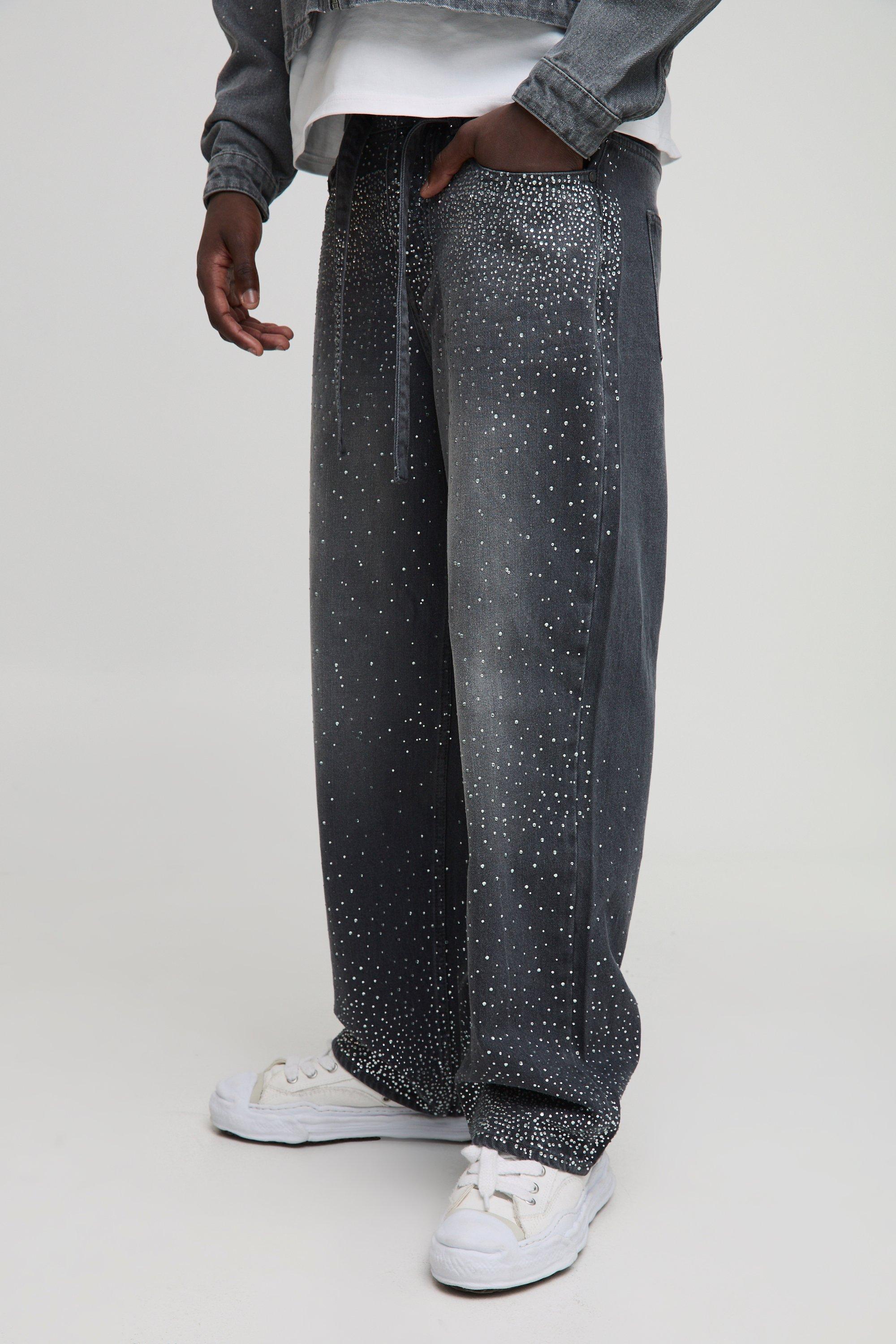 Mens Relaxed Fit Belted Rhinestone Grey Washed Jeans, Grey