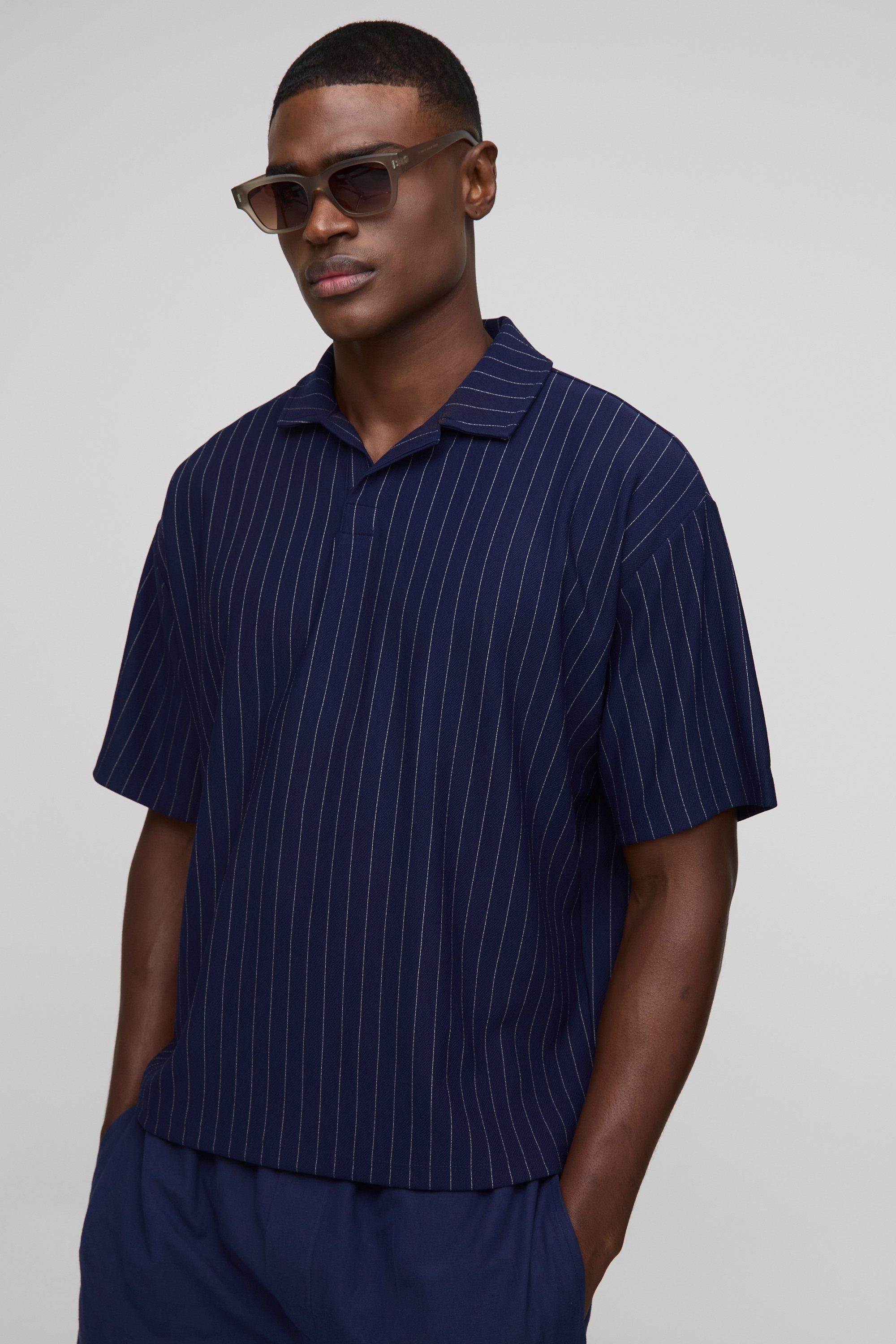 Mens Navy Oversized Boxy Pinstripe Revere Polo, Navy