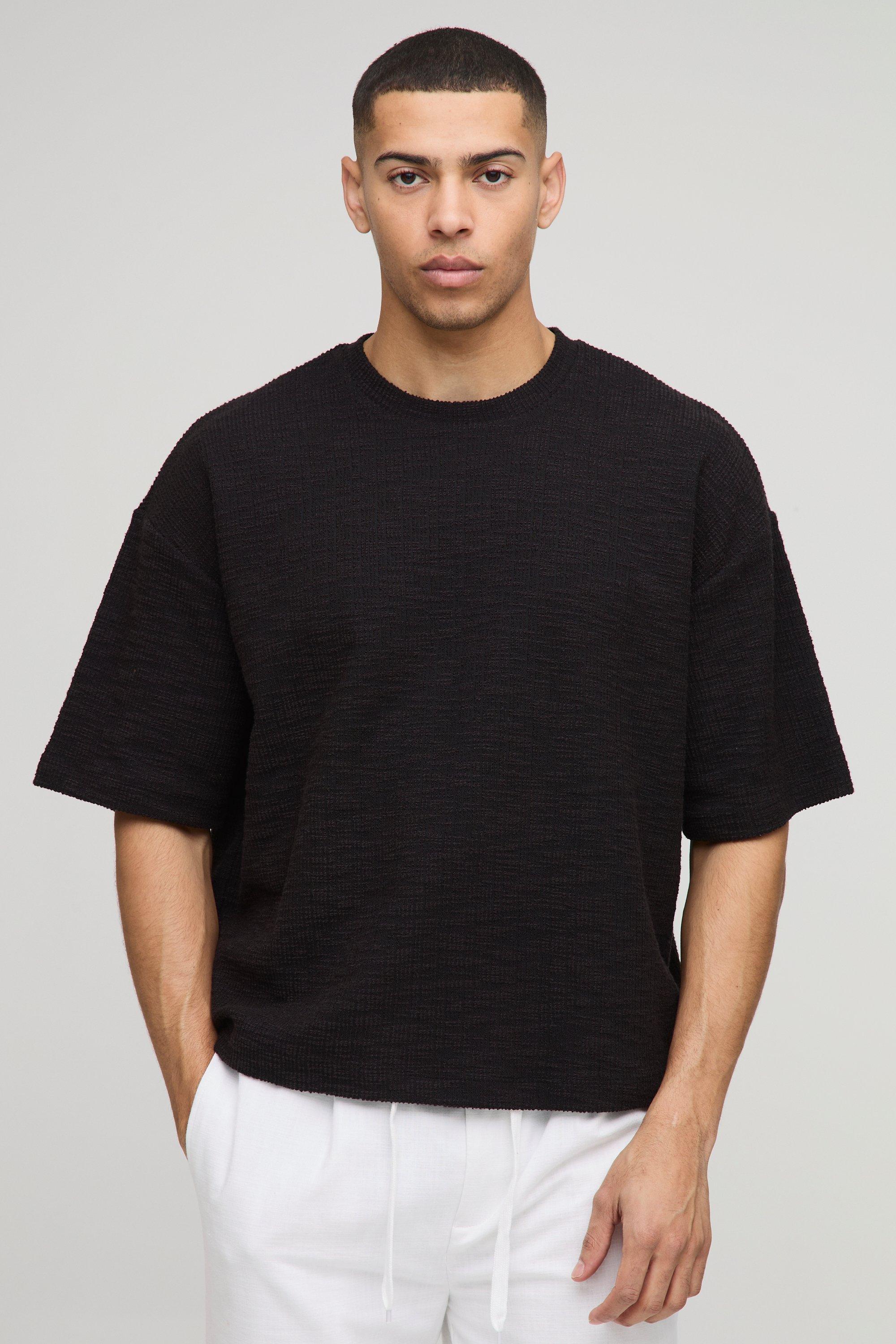Image of T-shirt squadrata oversize pesante con trama, Brown