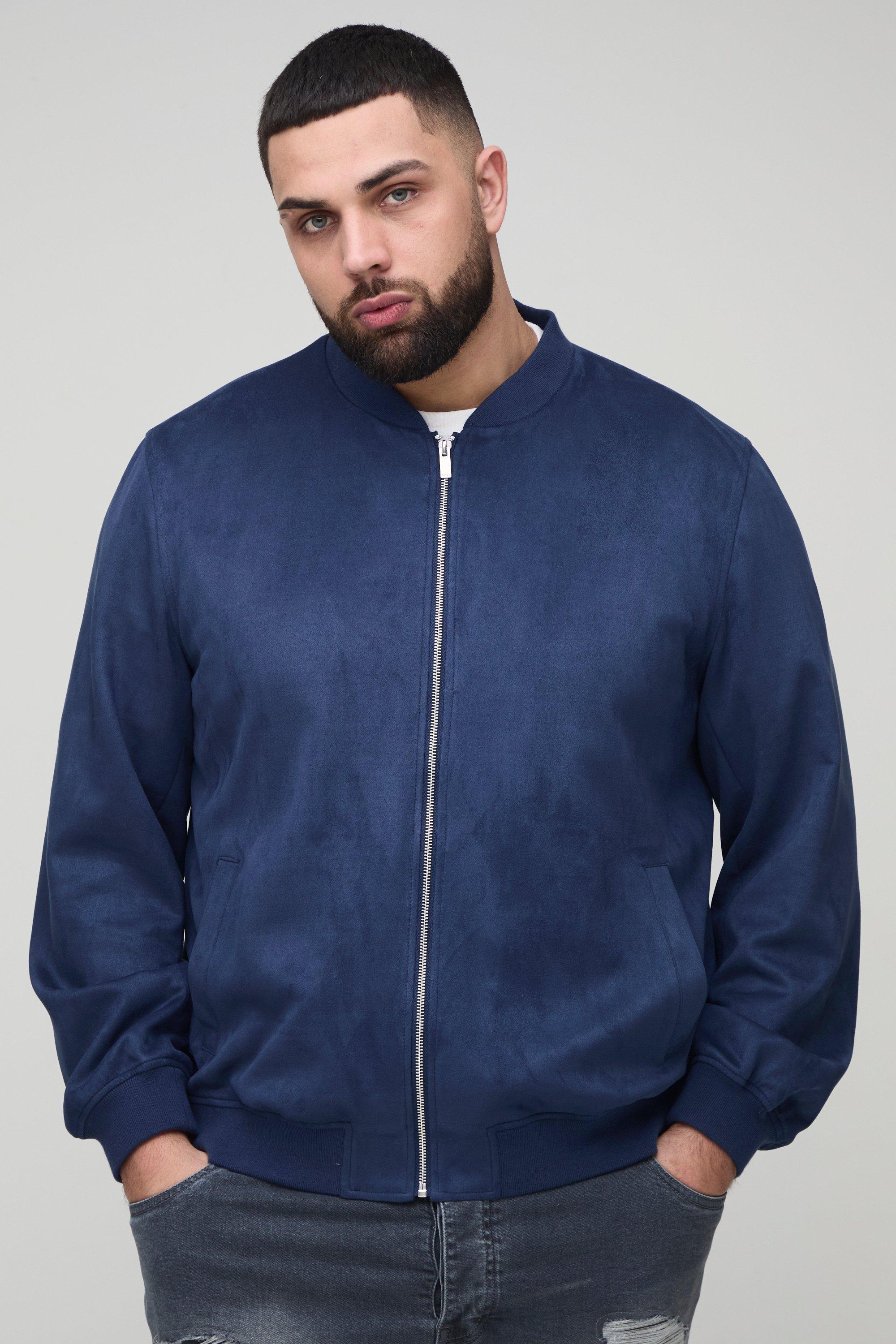 Mens Navy Plus Faux Suede Regular Fit Bomber Jacket, Navy