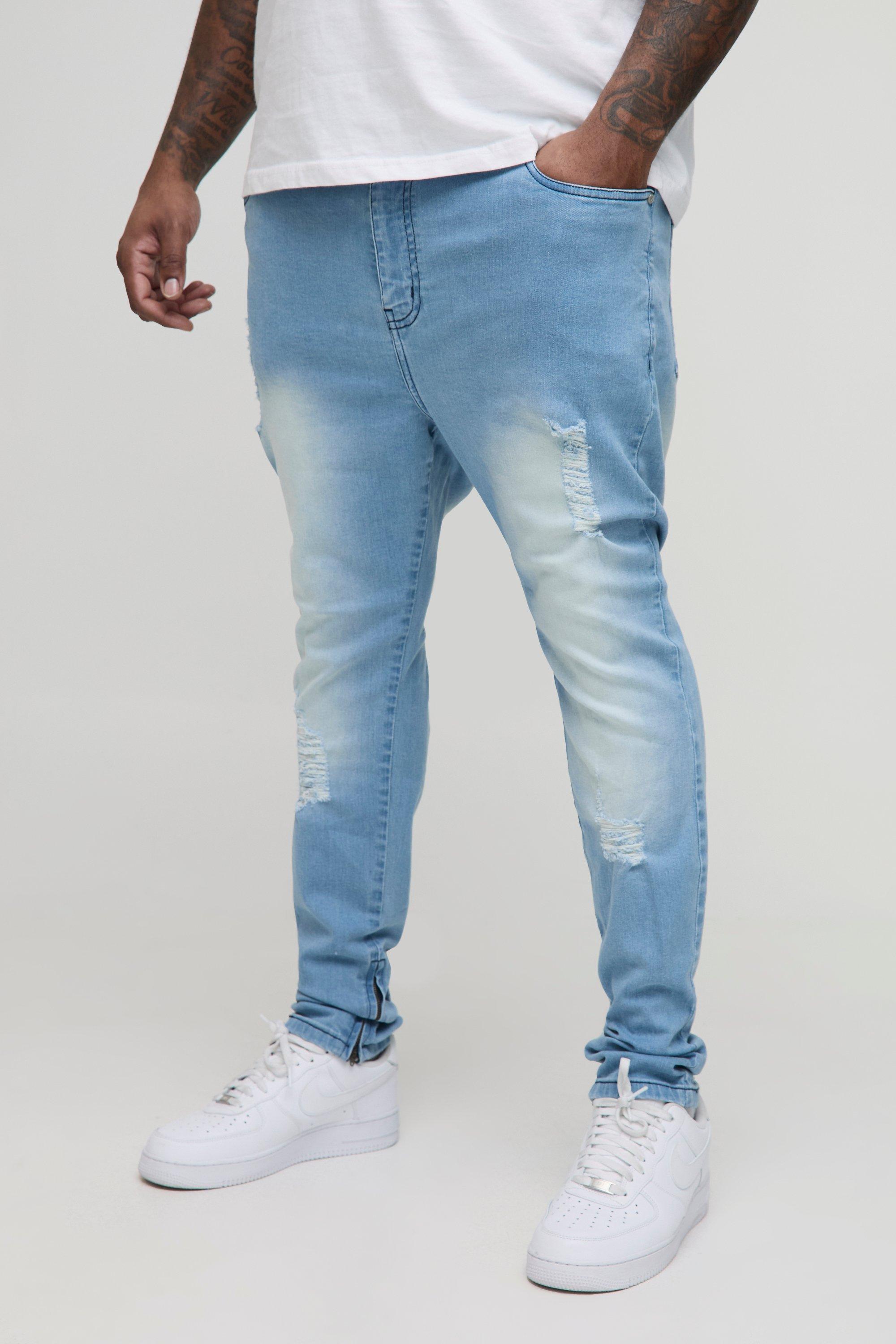 Mens Blue Plus Ripped Zip Hem Super Skinny Jeans, Blue