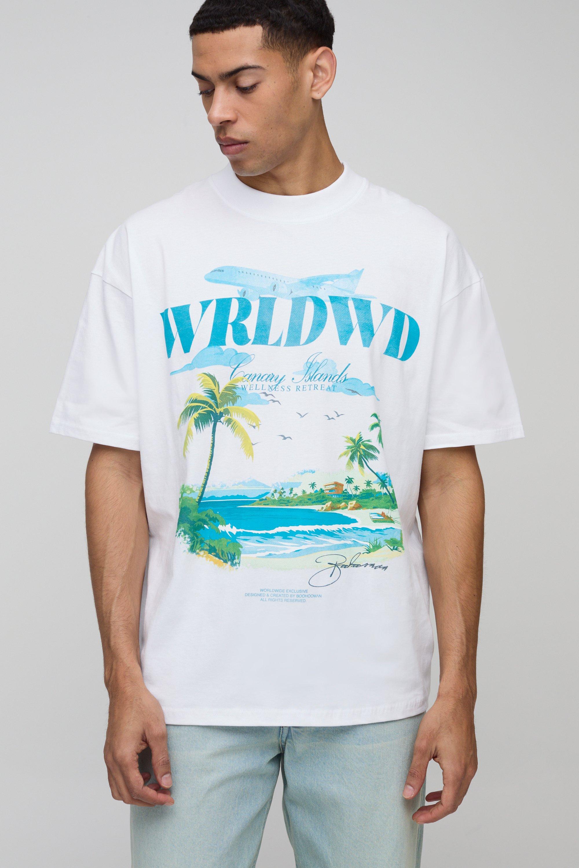 Mens White Oversized Extended Neck Wrldwd Beach Landscape T-Shirt, White