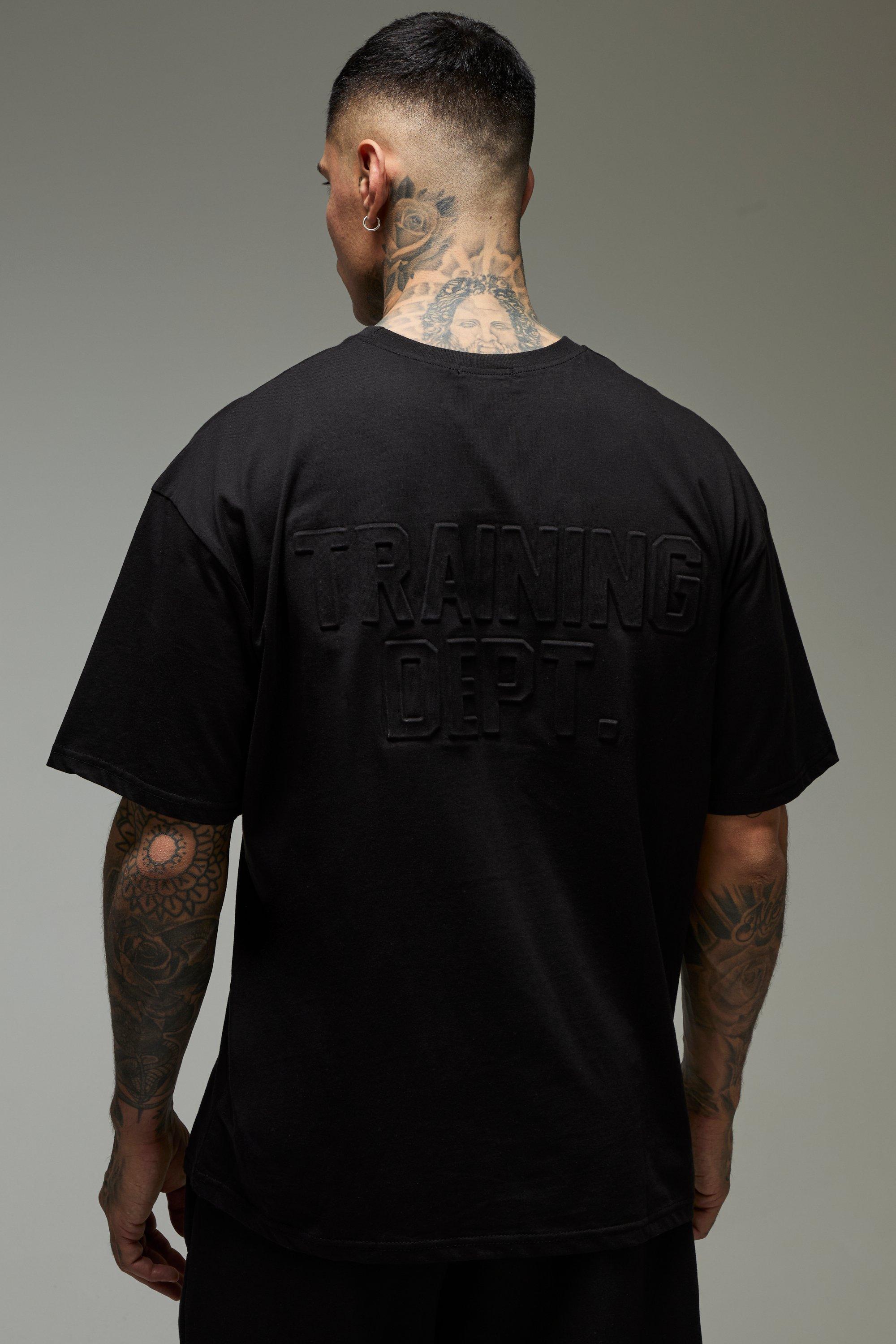 Mens Black Tall Training Dept Oversized Embossed T-shirt, Black