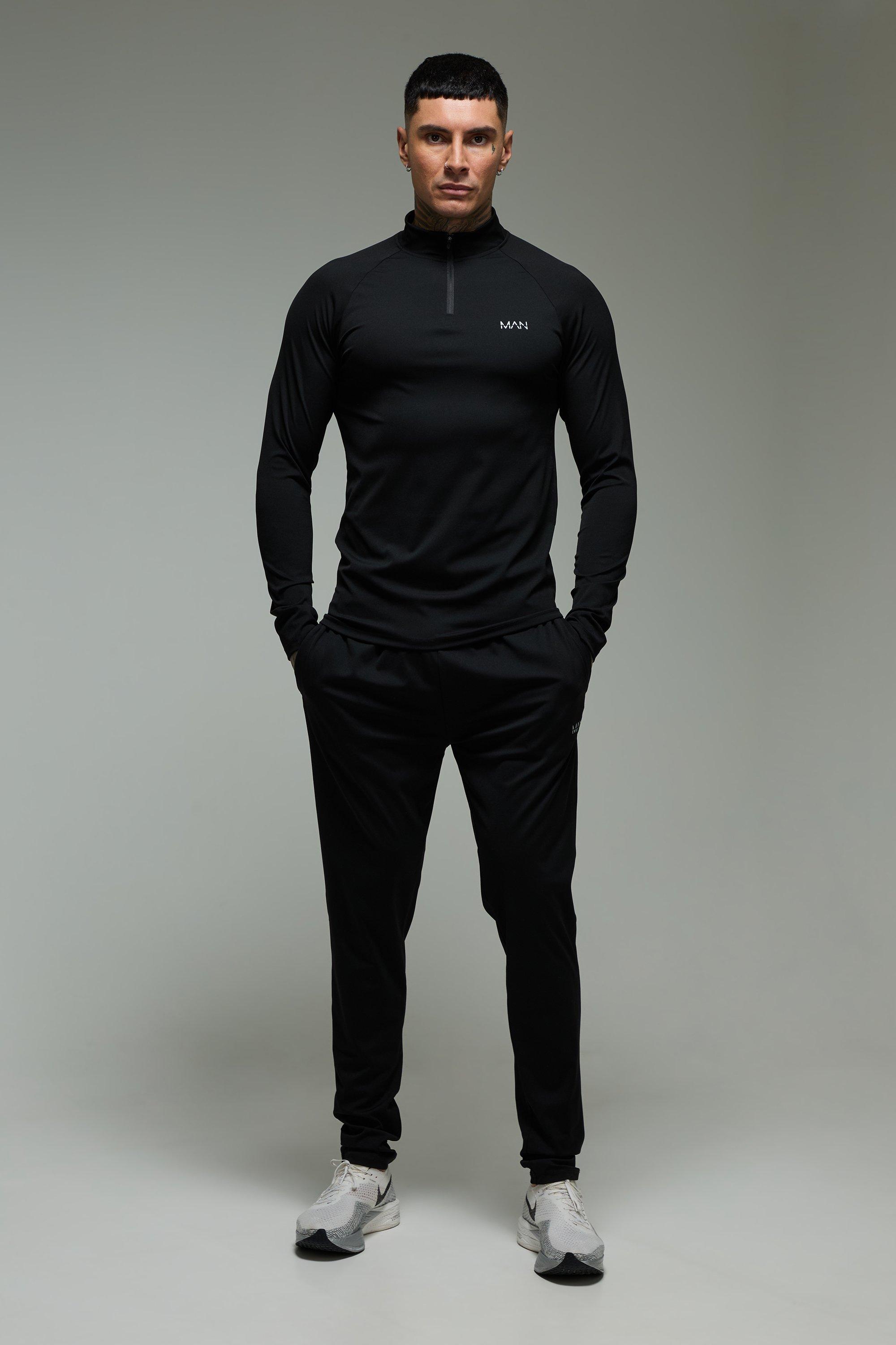 Mens Black Tall Man Active Muscle Fit 1/4 Zip Tracksuit, Black