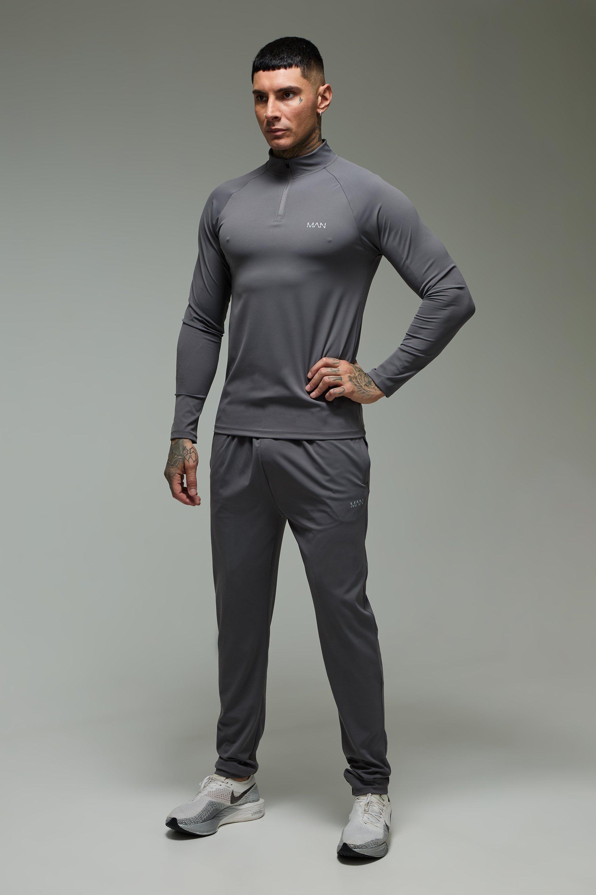 Mens Grey Tall Man Active Muscle Fit 1/4 Zip Tracksuit, Grey