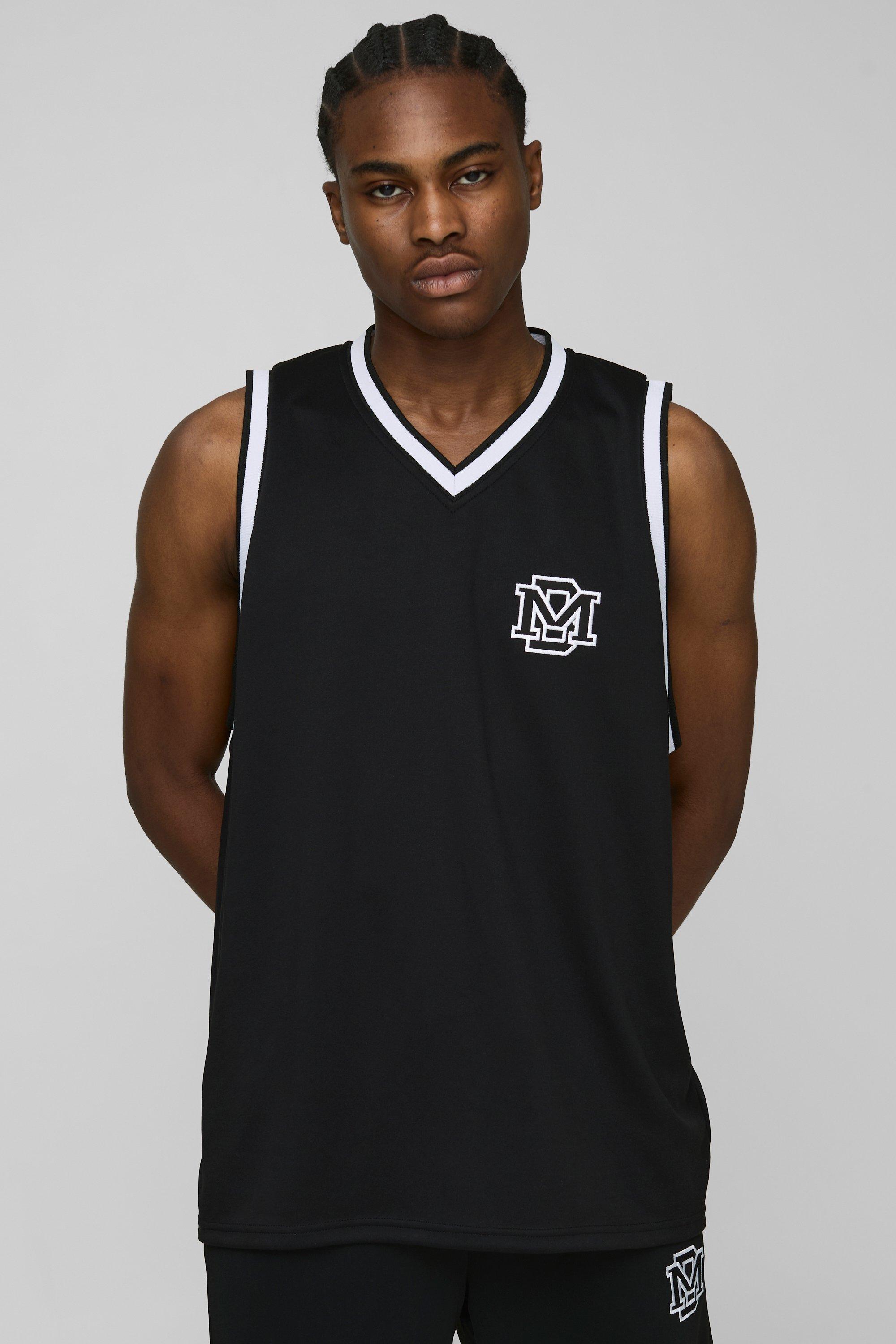 Mens Black Oversized V Neck Mesh Basketball Vest, Black