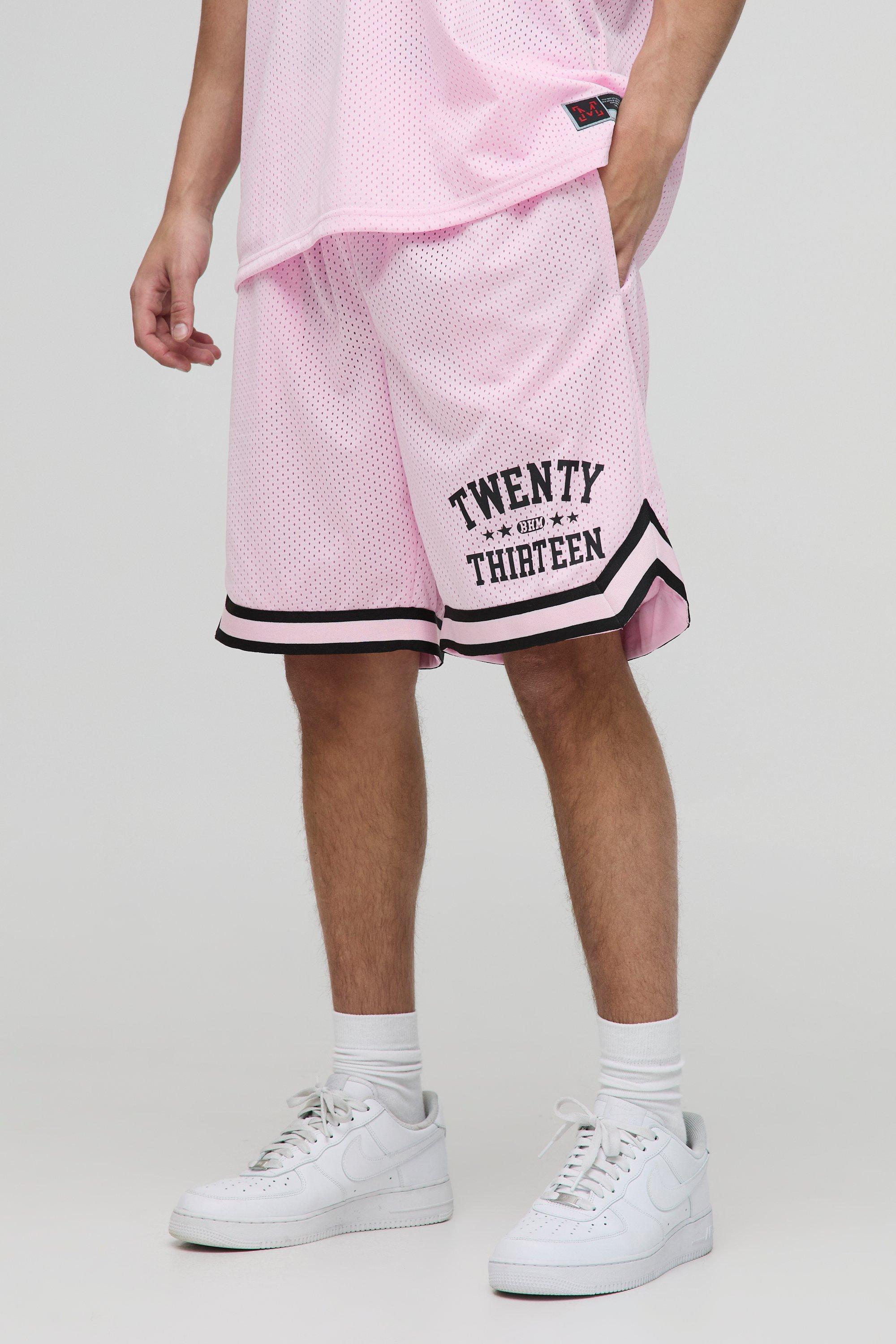 Mens Pink 13 Mid Length Mesh Basketball Shorts, Pink