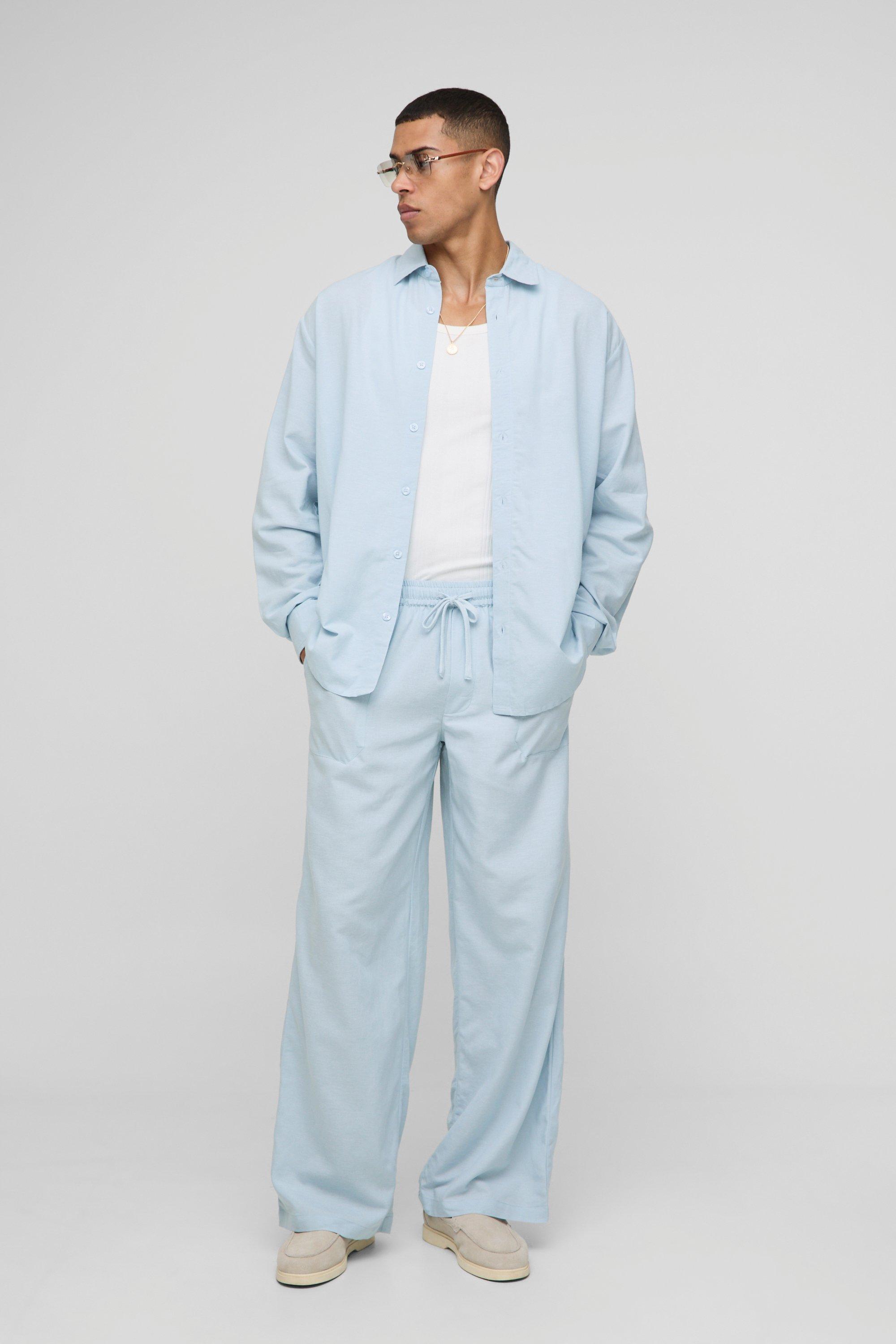 Mens Blue Super Oversized Linen Blend Pleated Back Shirt & Baggy Trouser, Blue