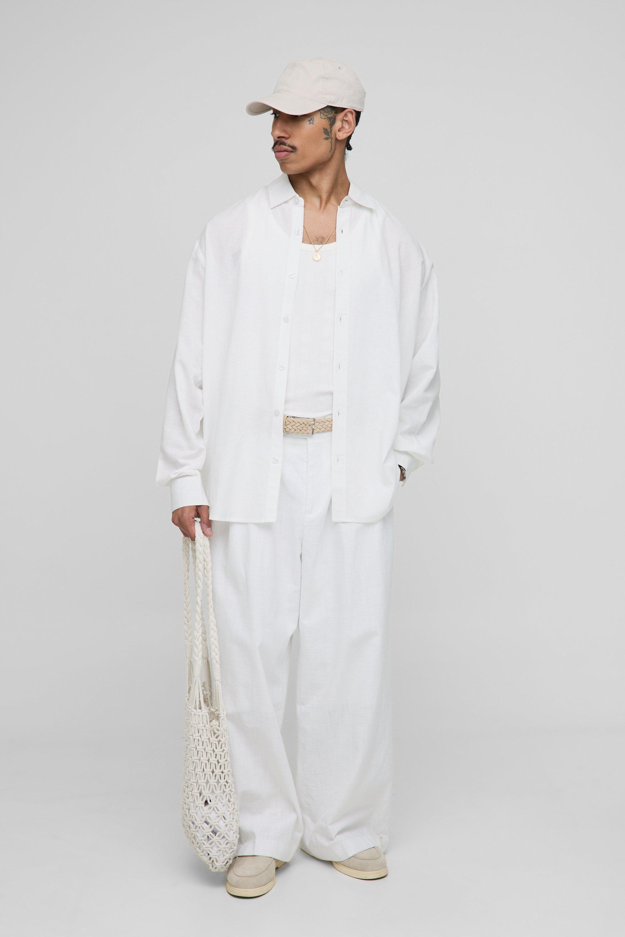Mens White Super Oversized Linen Blend Pleated Back Shirt & Baggy Trouser, White