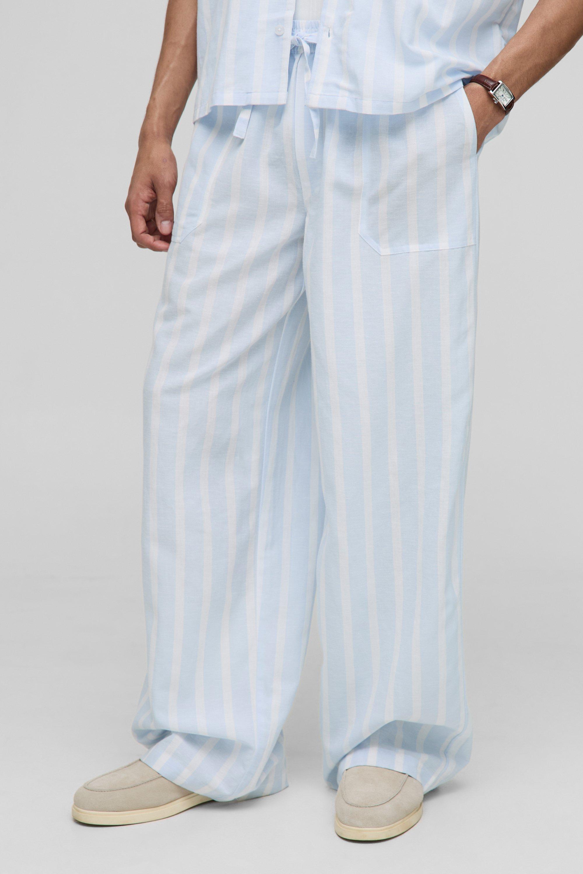 Mens Blue Baggy Fit Linen Look Stripe Elasticated Waist Trouser, Blue