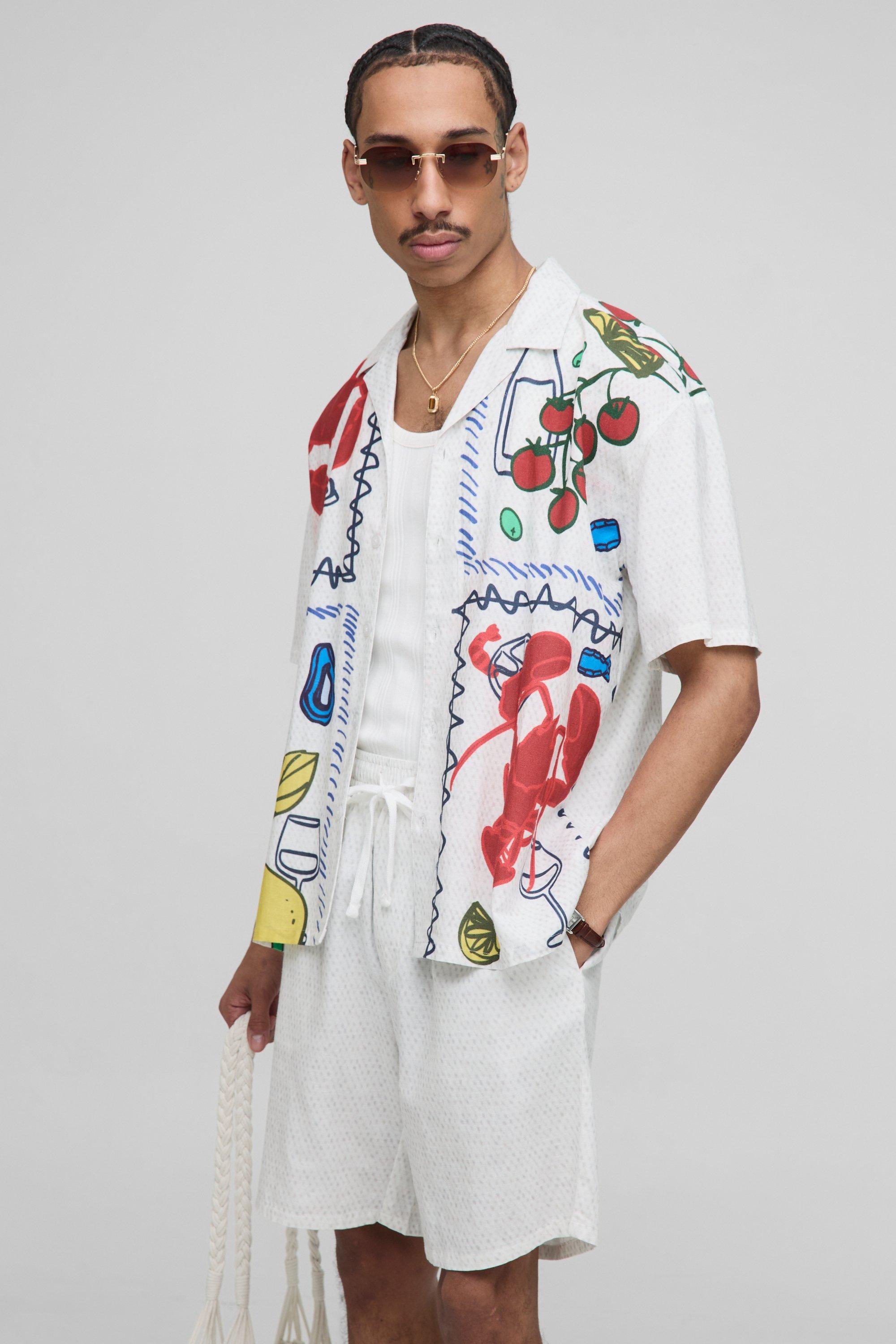 Mens Beige Oversized Linen Blend Conversational Printed Shirt & Short Set, Beige