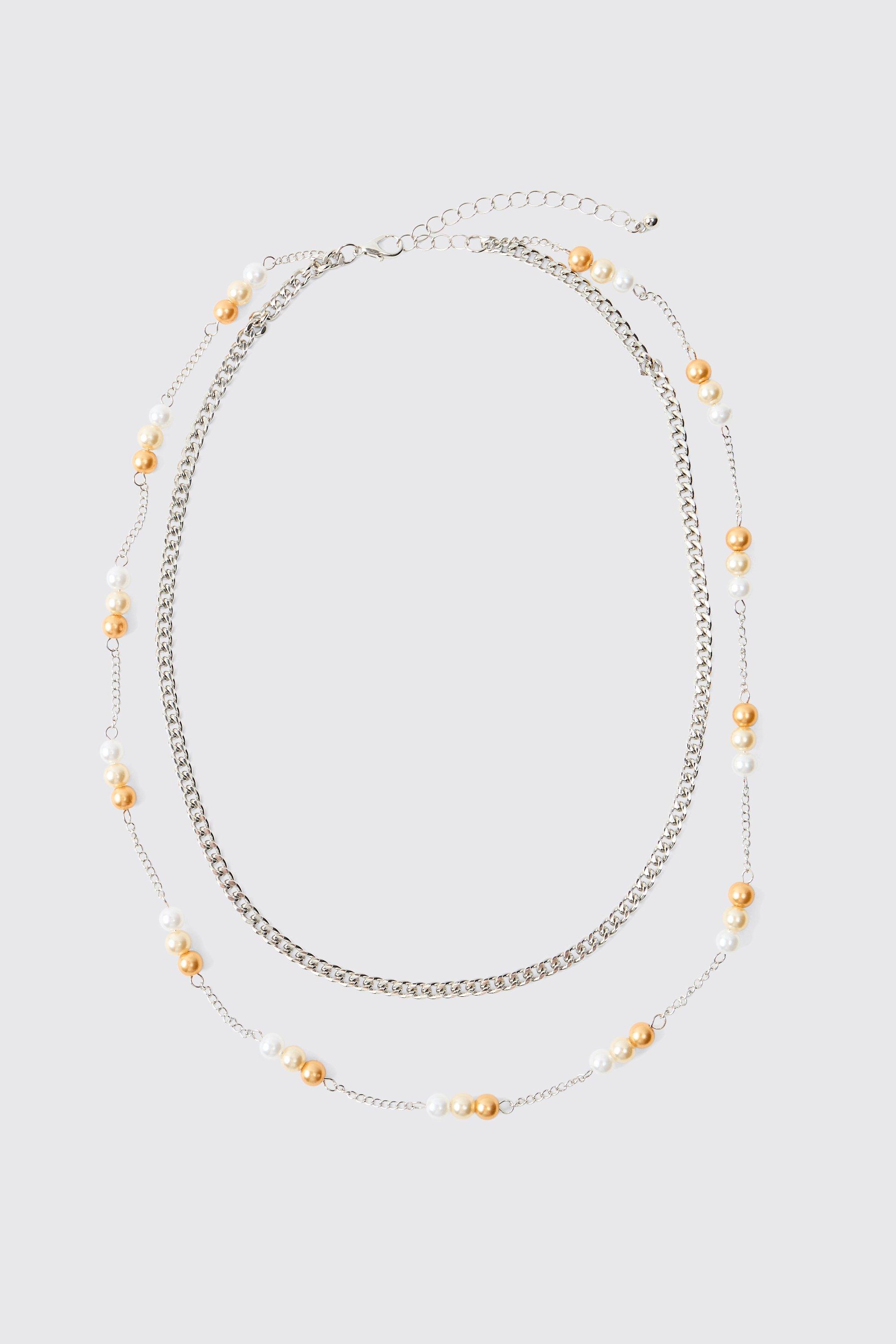 Mens Grey Mock Pearl & Beaded Chain Necklace, Grey