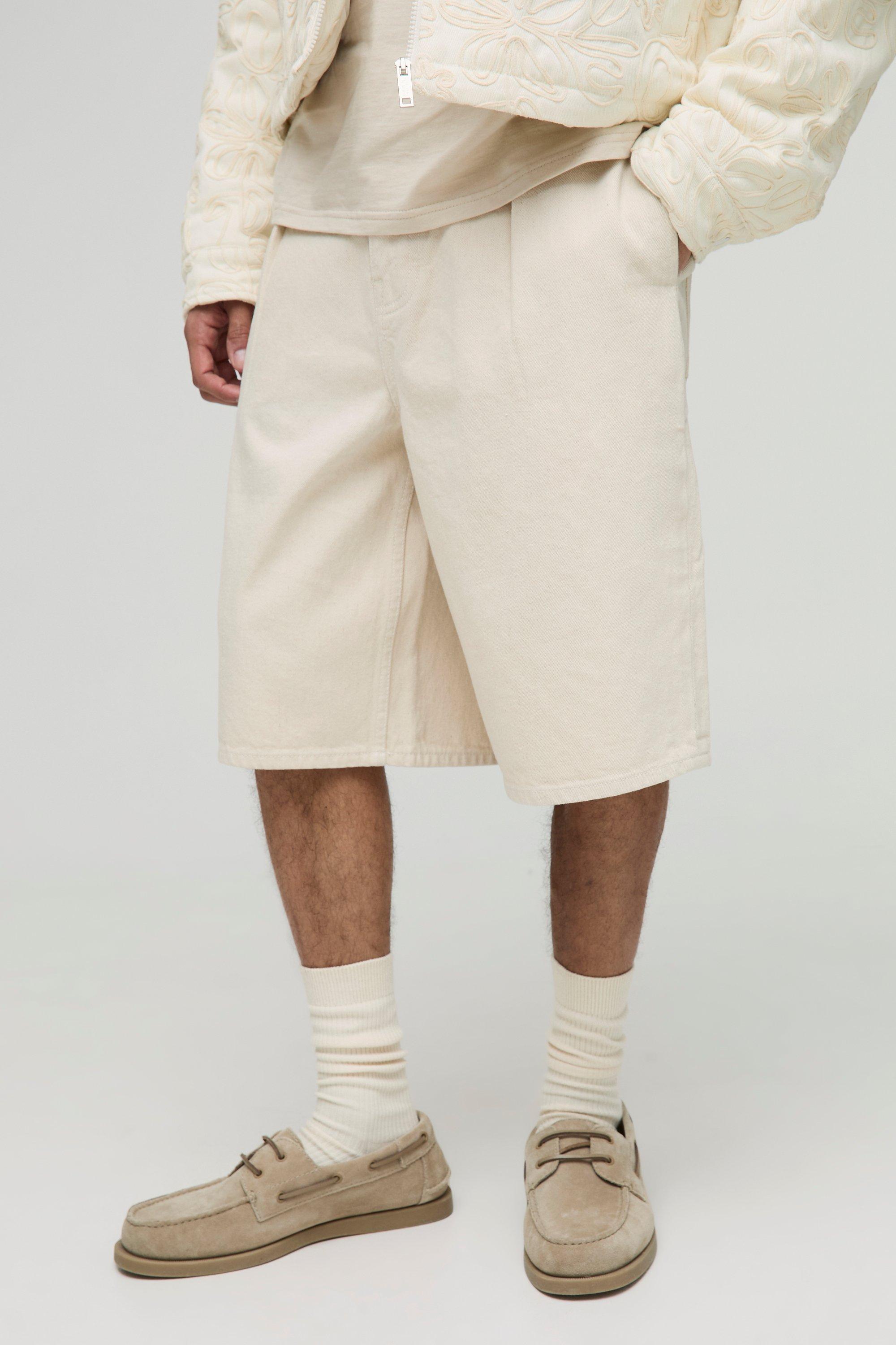 Mens Cream Pleat Front Rigid Denim Jorts, Cream