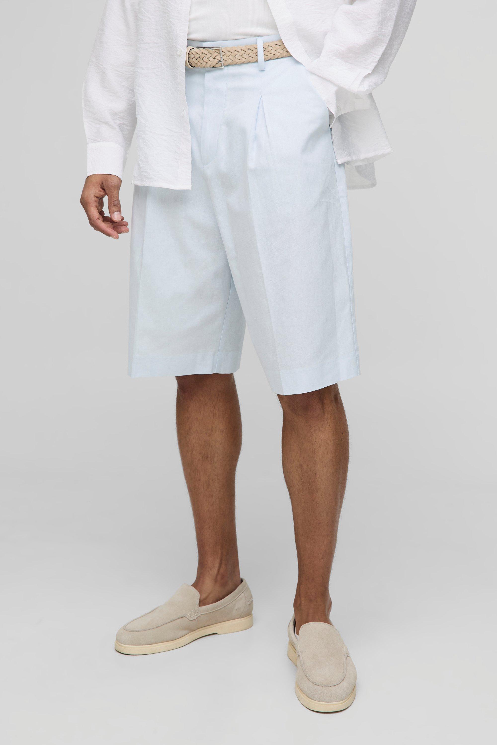 Image of Pantaloncini sartoriali rilassati in misto lino con pieghe frontali e vita fissa, Azzurro