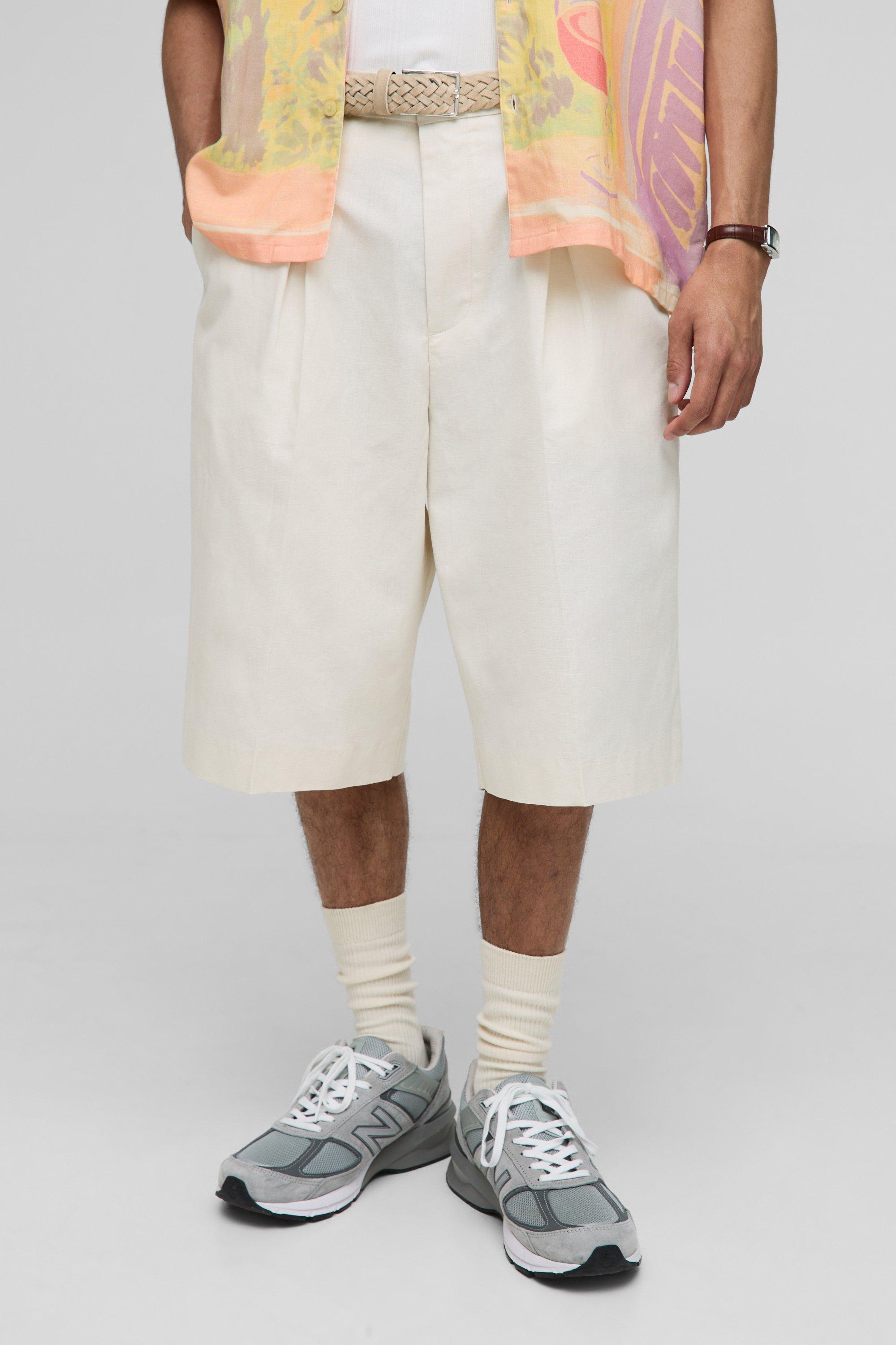 Mens Beige Relaxed Fit Linen Blend Pleat Front Fixed Waistband Tailored Shorts, Beige