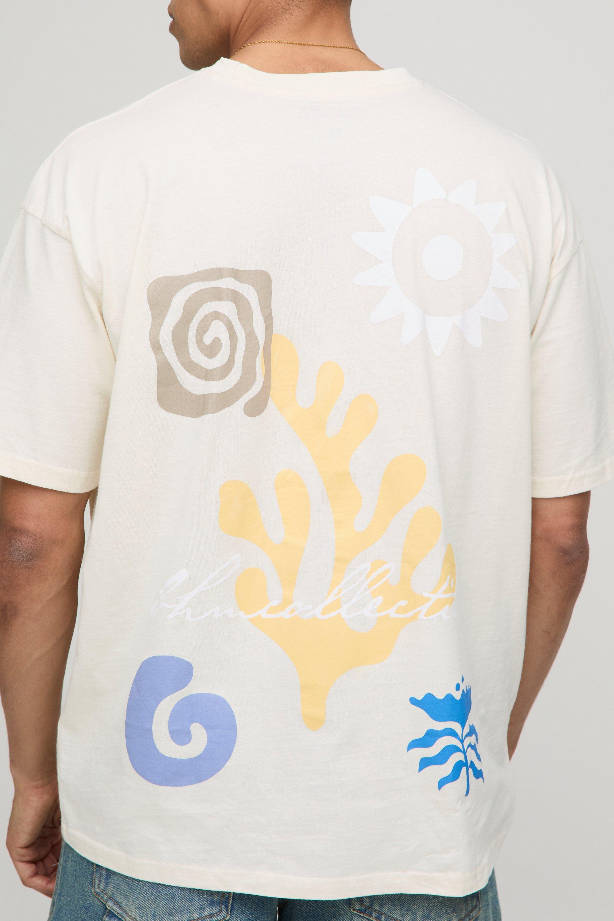 Mens Beige Oversized Abstract Leaf Print T-Shirt, Beige