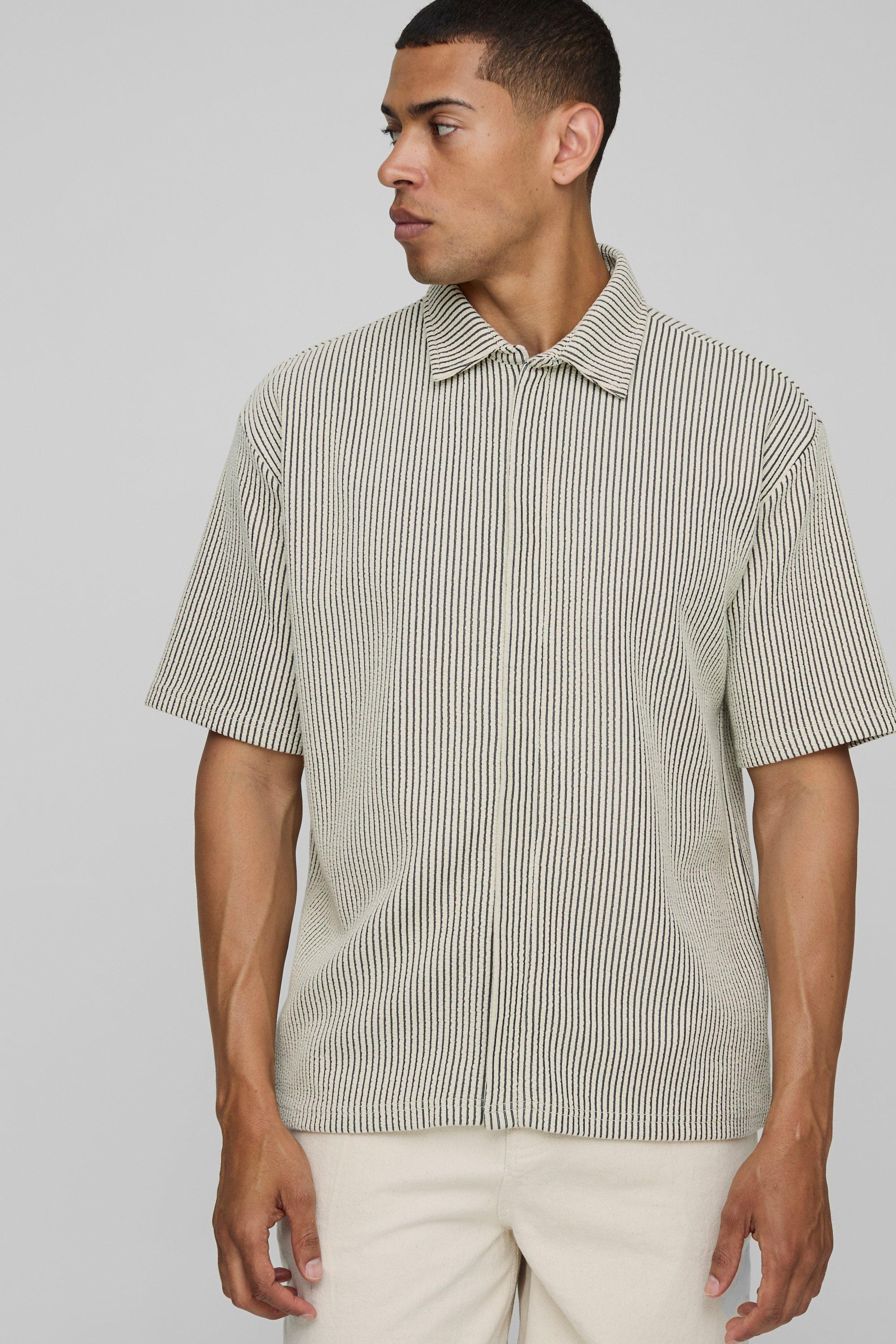 Mens Cream Oversized Two-Tone Ribbed Jersey Concealed Placket Shirt, Cream