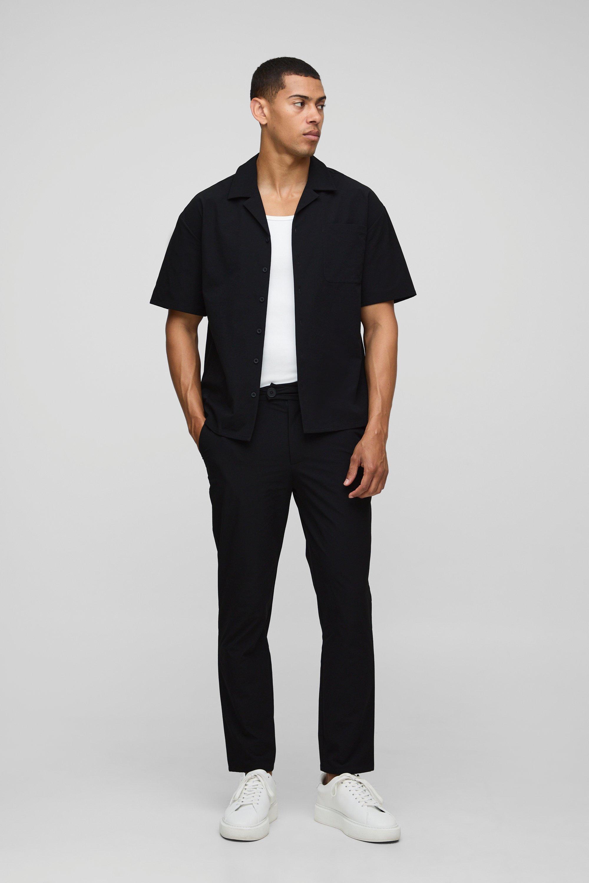 Mens Black Regular Fit Technical Stretch Shirt & Tapered Trouser Set, Black