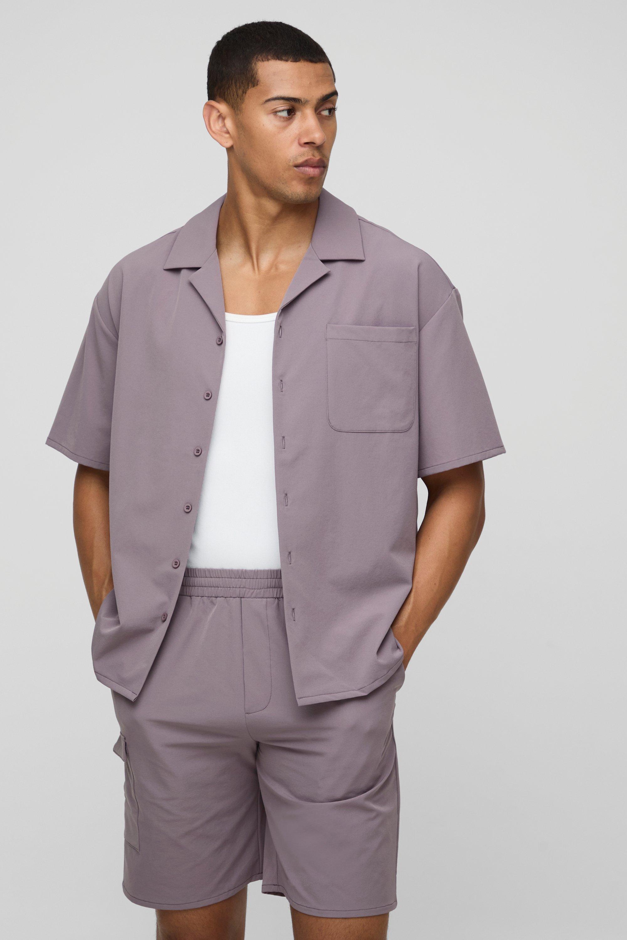 Mens Purple Oversized Boxy Technical Stretch Shirt & Comfort Short Set, Purple