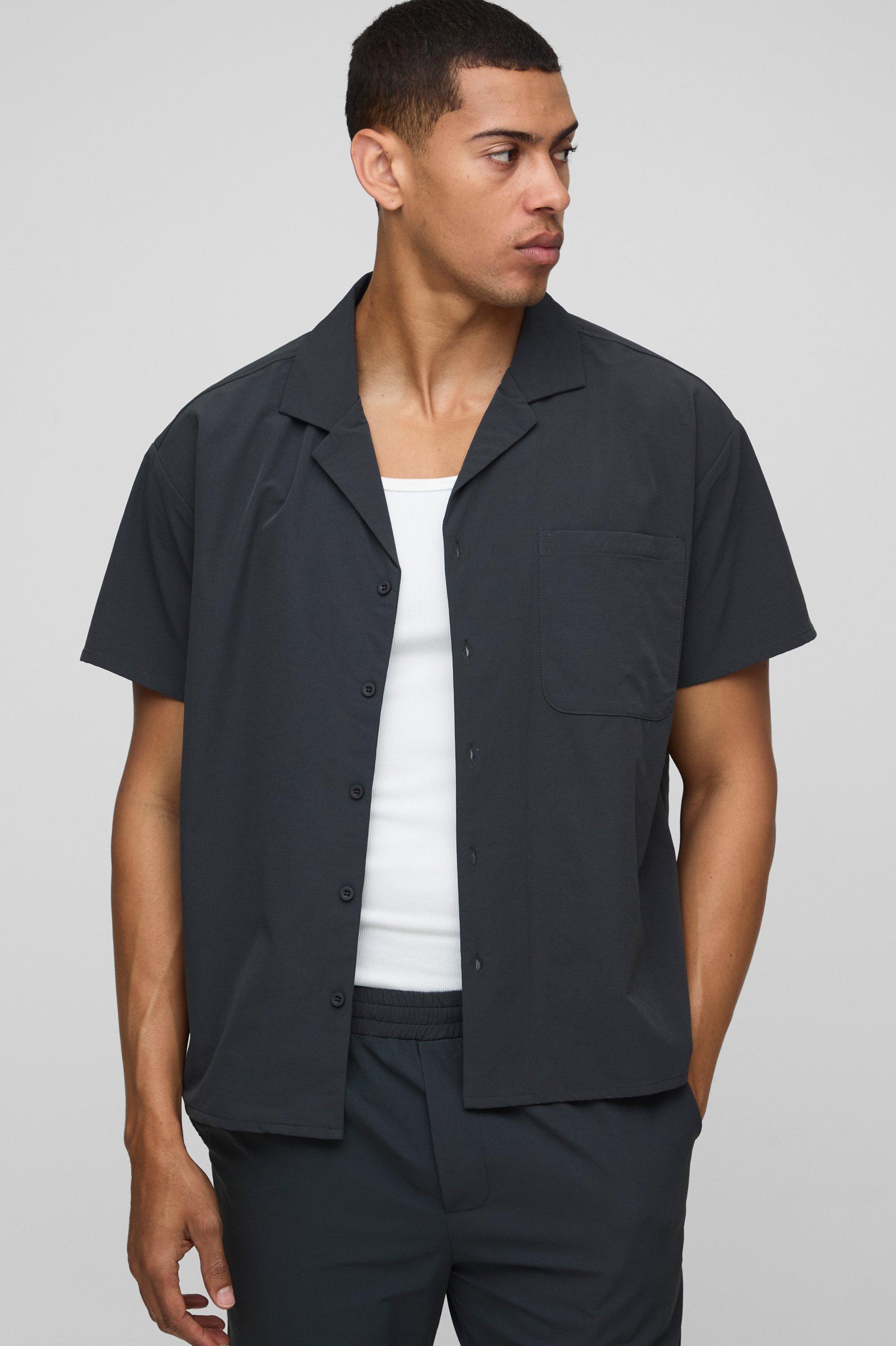 Image of Camicia squadrata a maniche corte in Stretch, Grigio