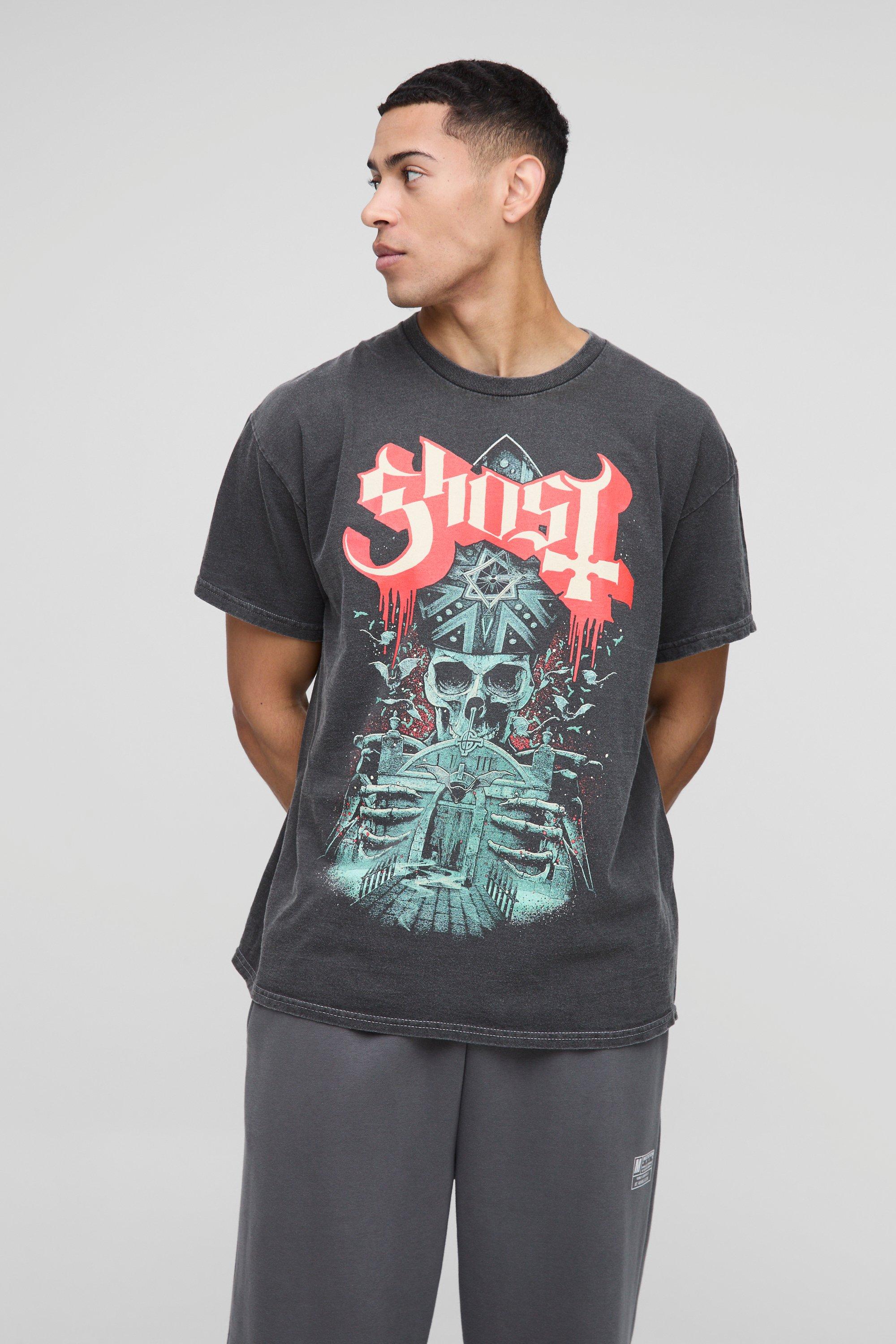 Mens Grey Oversized Ghost Band Washed License T-Shirt, Grey
