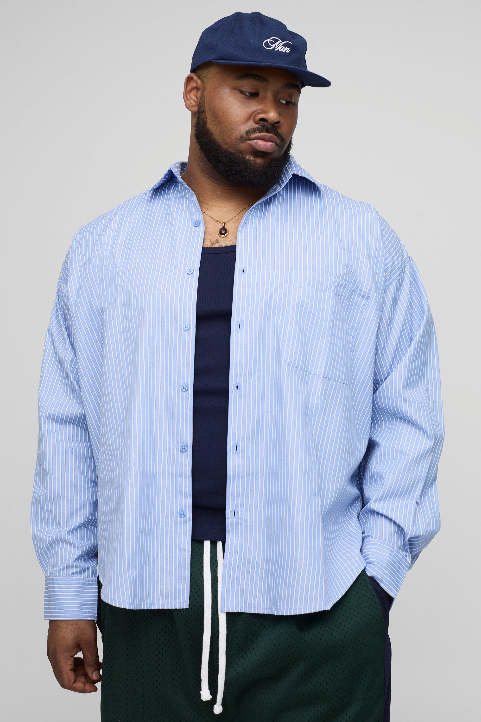 Image of Camicia Plus Size oversize in popeline a righe, Azzurro
