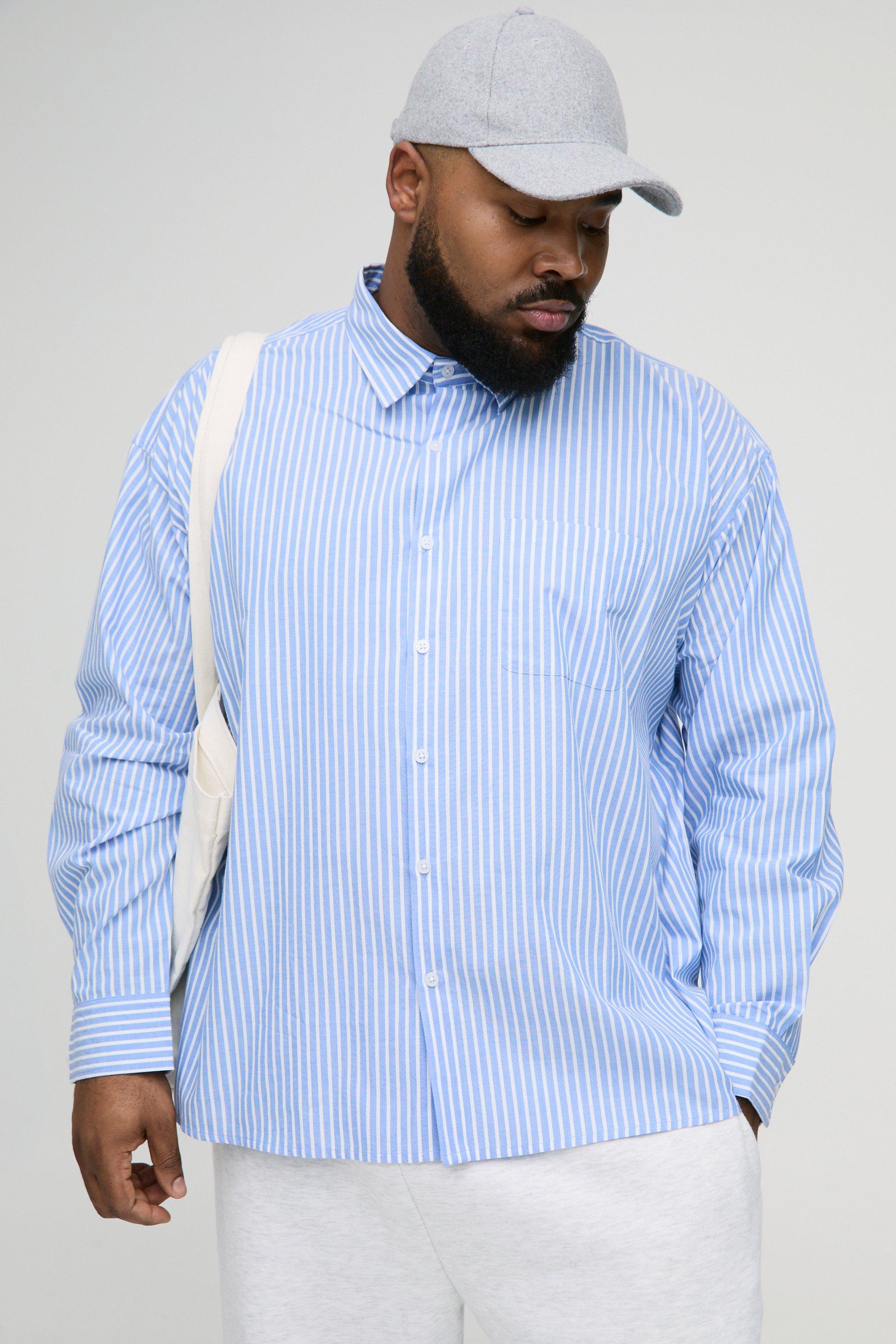 Image of Camicia Plus Size oversize a maniche lunghe a righe, Azzurro
