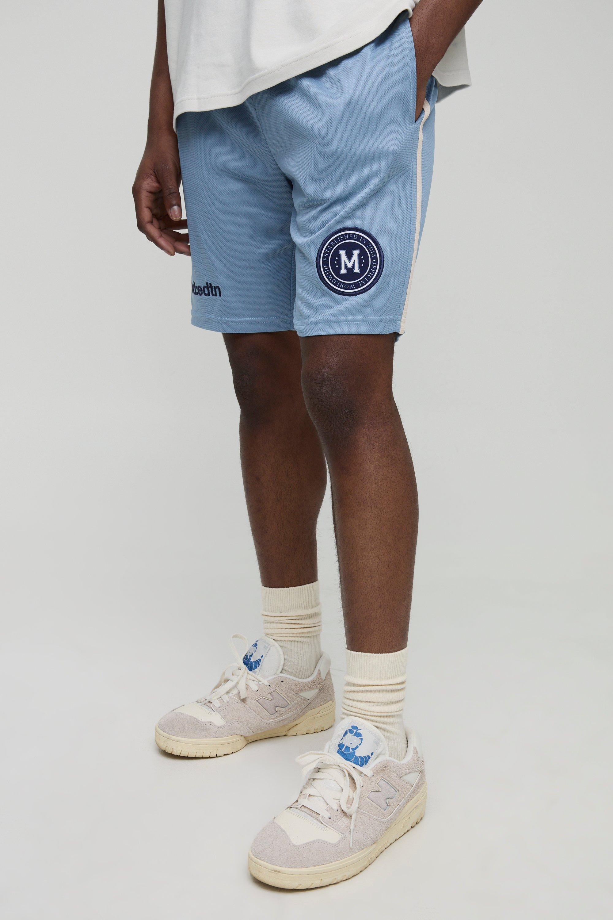Mens Blue Relaxed Mid Length Embroidered Sports Shorts, Blue