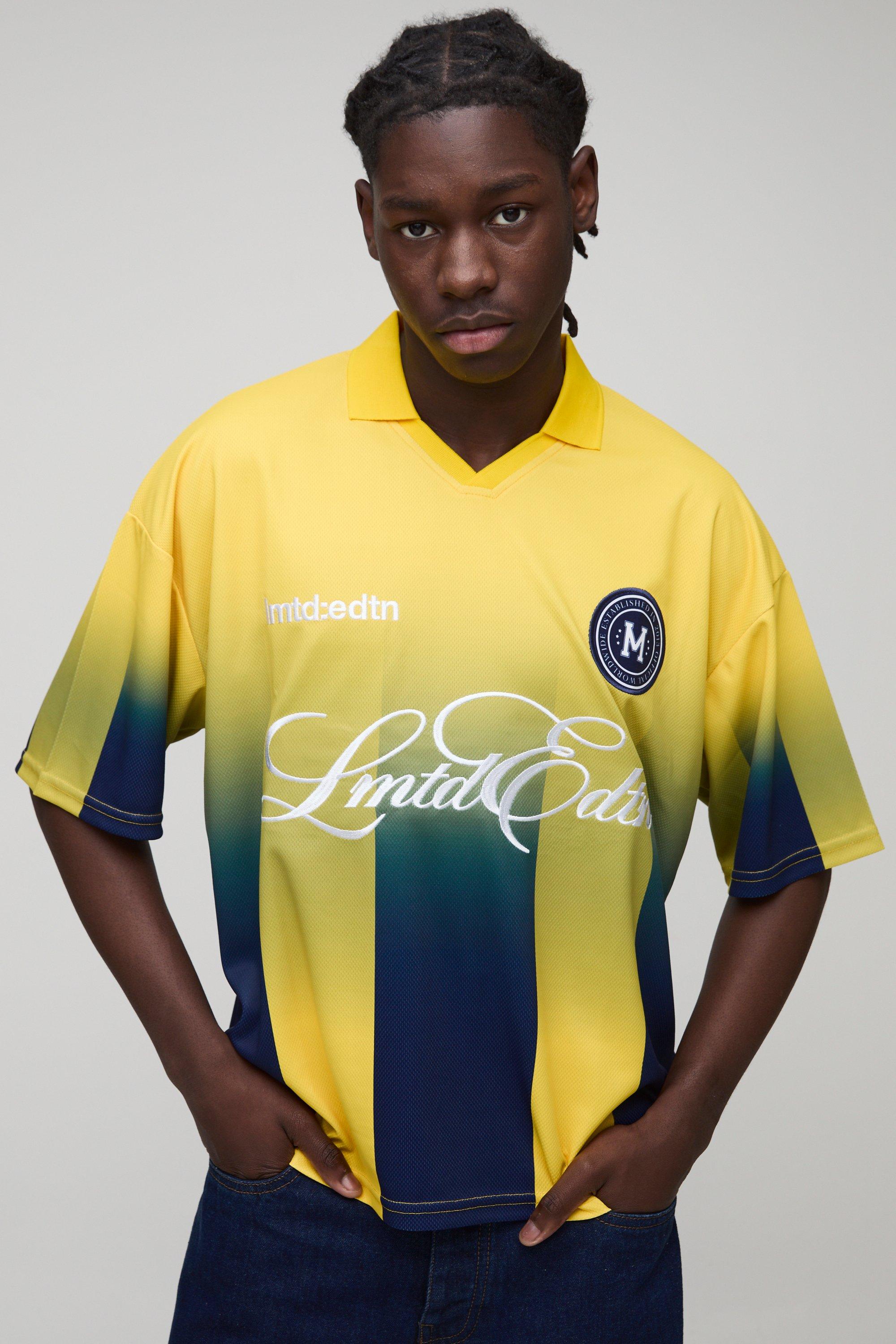 Mens Yellow Oversized Boxy Ombre Stripe Embroidered Sports Polo, Yellow