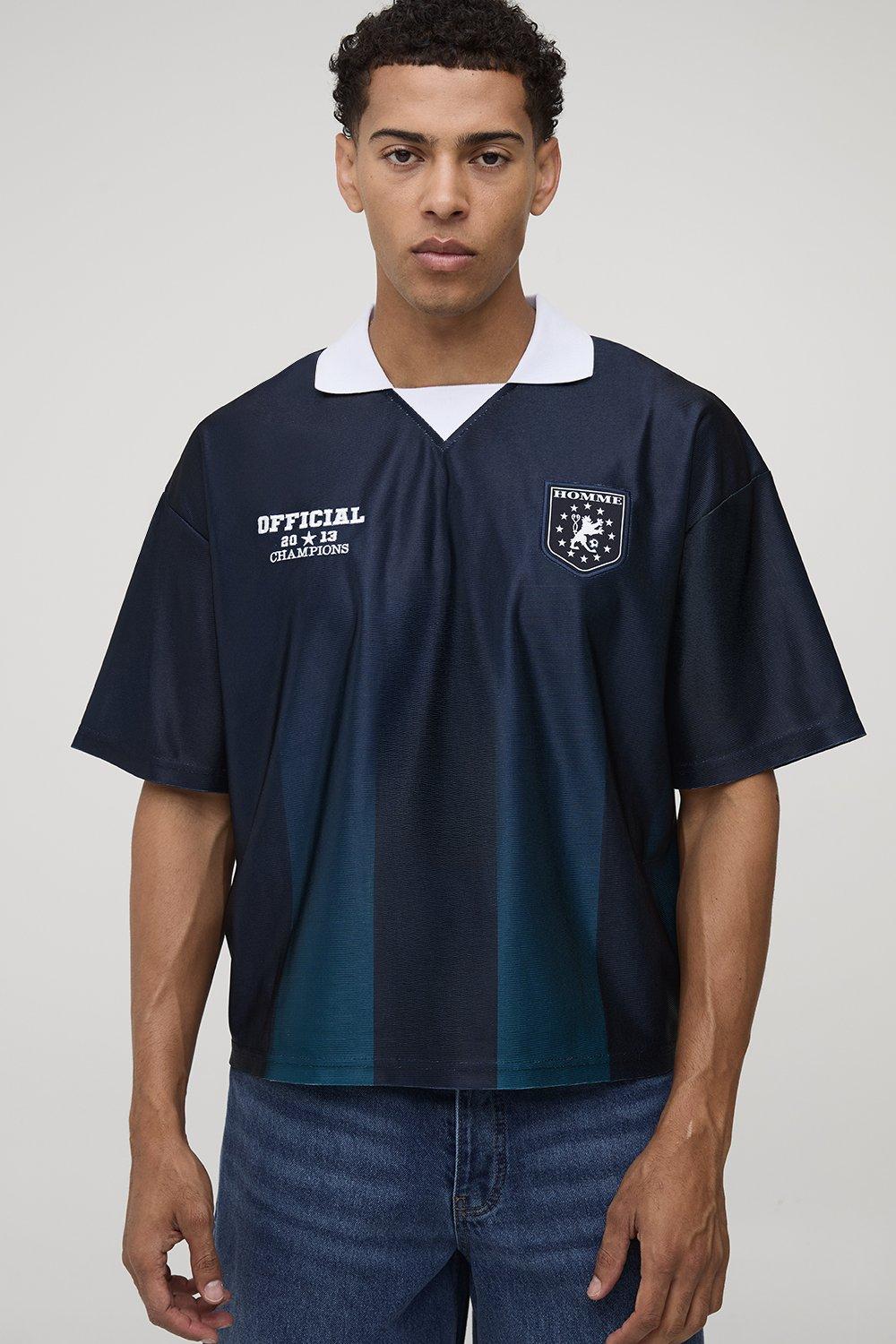 Mens Navy Oversized Boxy Ombre Stripe Sports Top, Navy