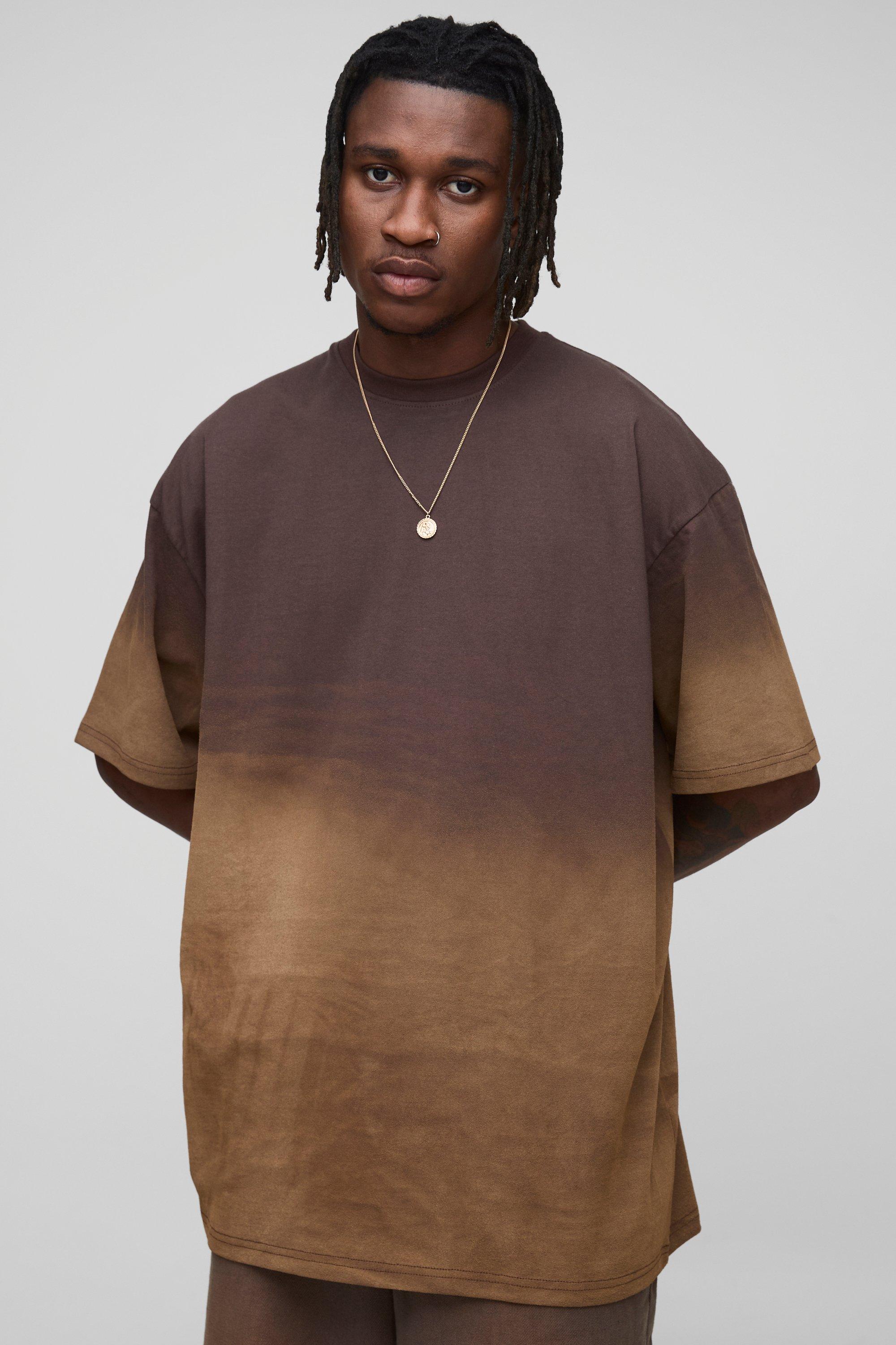 Mens Brown Tall Oversized Spray Wash T-shirt, Brown