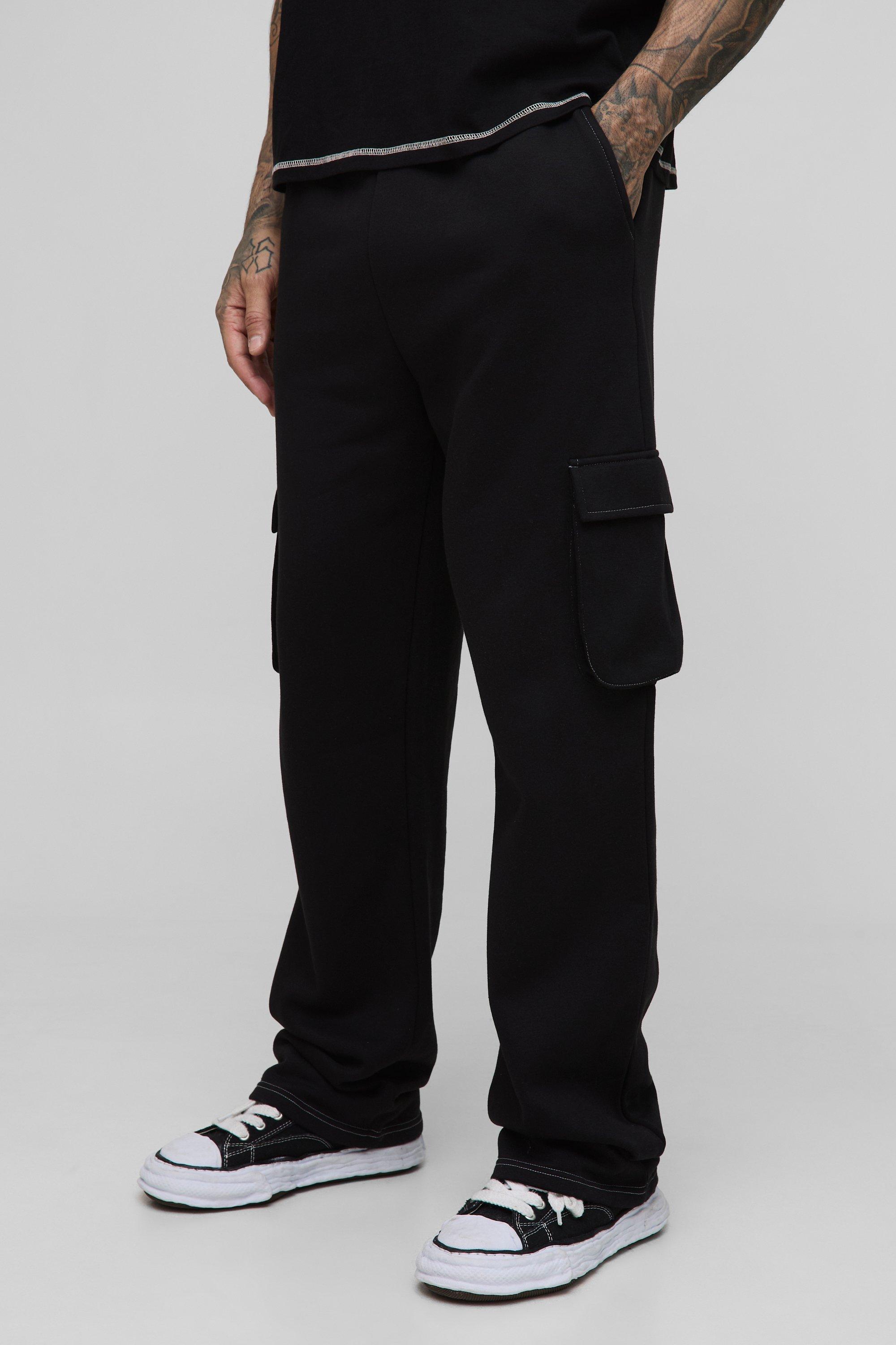 Mens Black Tall Relaxed Contrast Stitch Cargo Joggers, Black