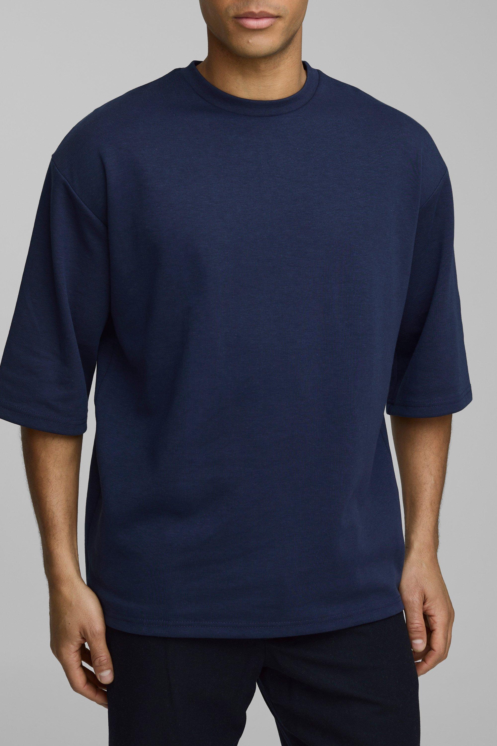 Mens Navy Oversized Heavyweight Half Sleeve Interlock T-Shirt, Navy