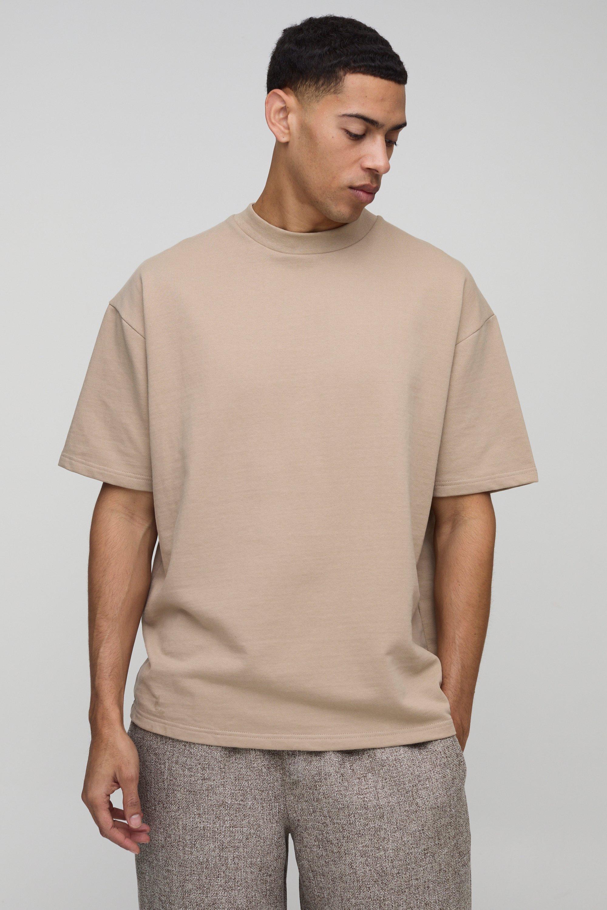 Mens Beige Oversized Extended Neck Heavyweight T-shirt, Beige